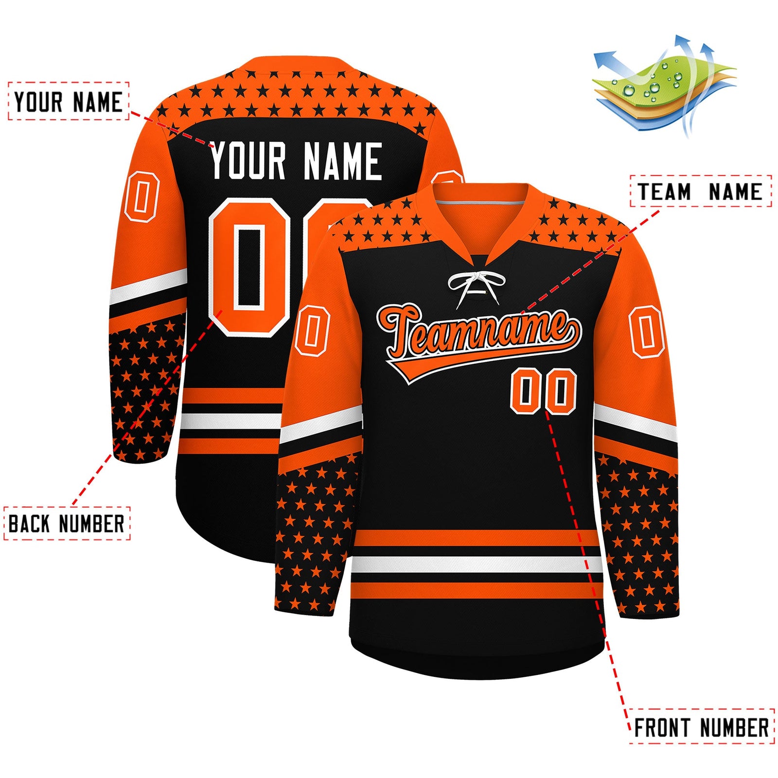 Custom Black Orange White Star Series Personalization Lace-Up Neck Hockey Jersey| KXKSHOP