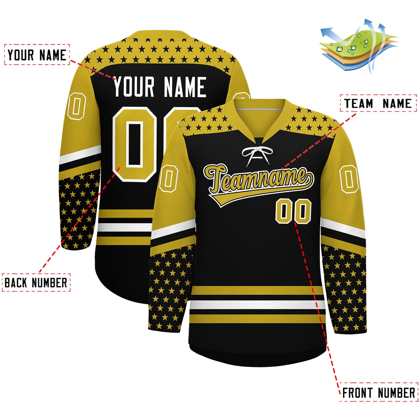 Custom Black Old Gold White Star Series Personalization Lace-Up Neck Hockey Jersey| KXKSHOP