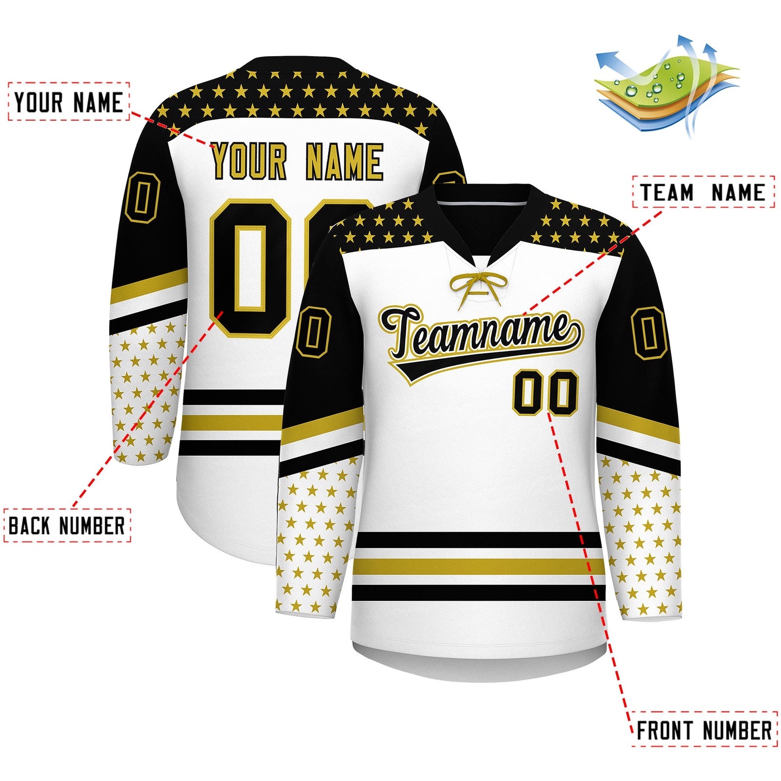 Custom White Black Old Gold Star Series Personalization Lace-Up Neck Hockey Jersey| KXKSHOP