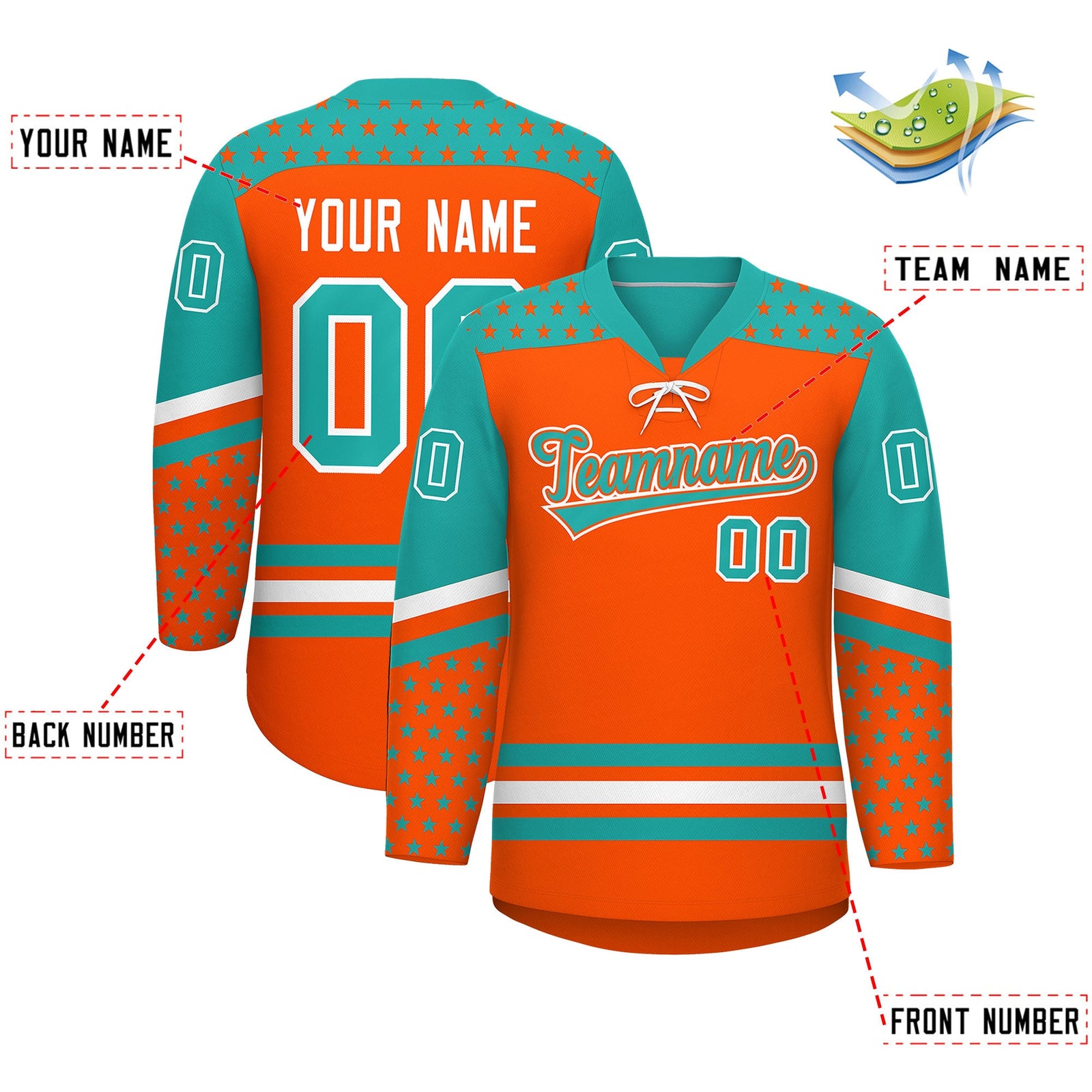 Custom Orange Aqua White Star Series Personalization Lace-Up Neck Hockey Jersey| KXKSHOP