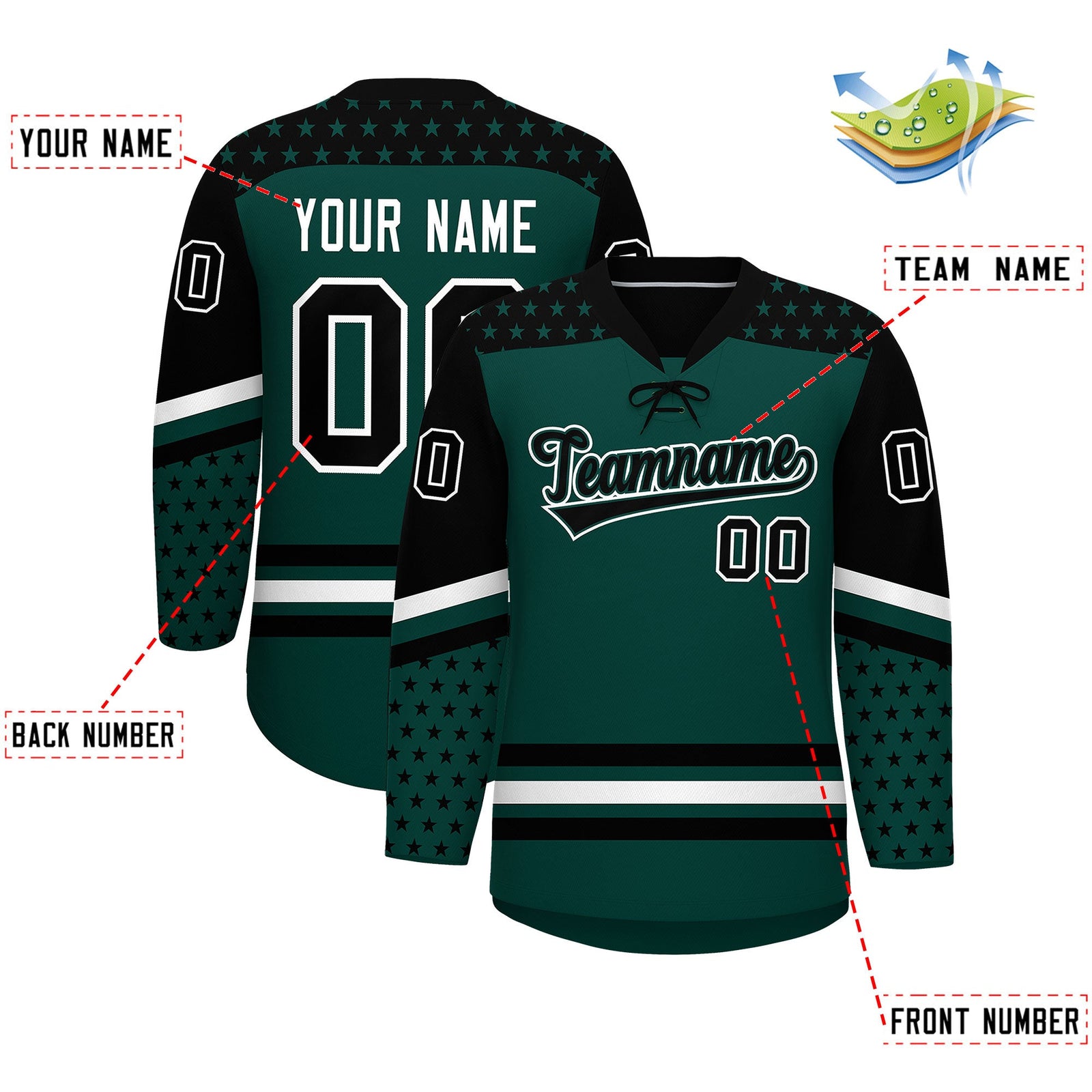 Custom Midnight Green Black White Star Series Personalization Lace-Up Neck Hockey Jersey| KXKSHOP