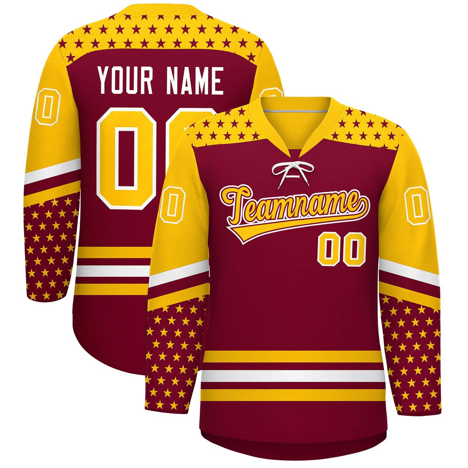 Custom Crimson Gold White Star Series Personalization Lace-Up Neck Hockey Jersey| KXKSHOP