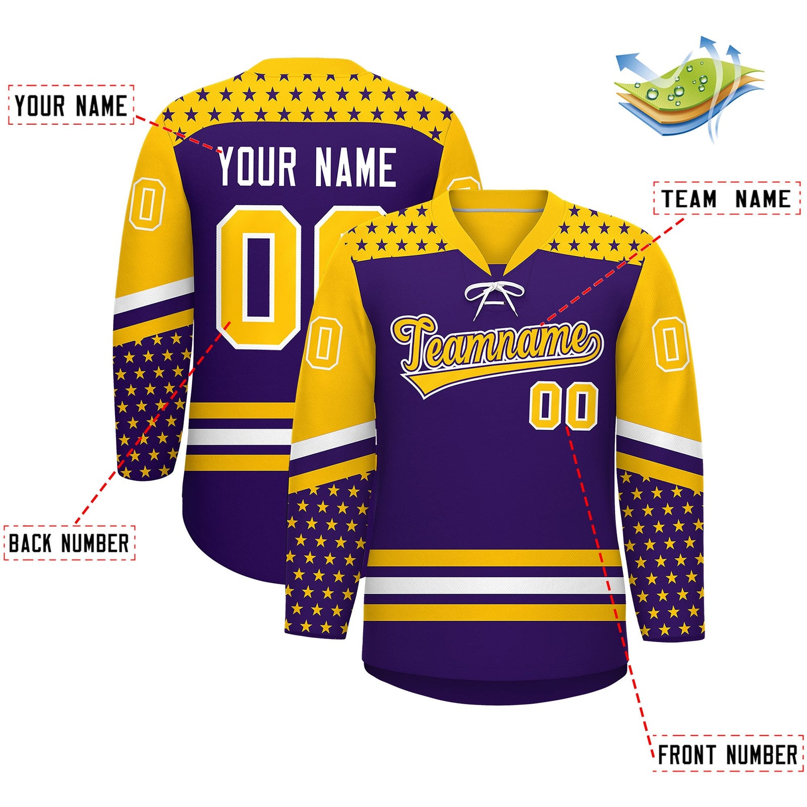 Custom Purple Gold White Star Series Personalization Lace-Up Neck Hockey Jersey| KXKSHOP
