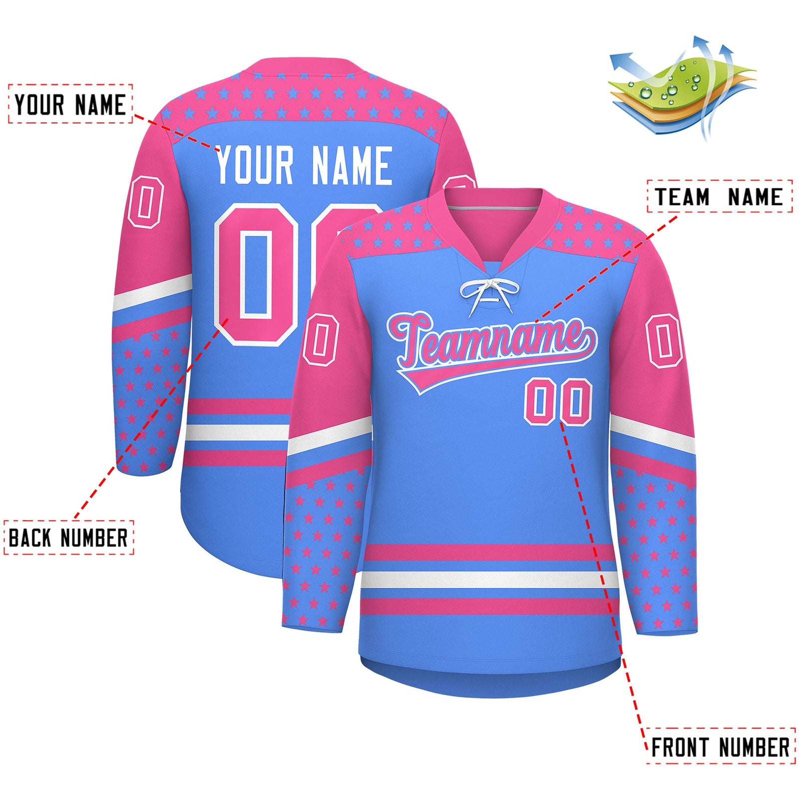 Custom Powder Blue Pink White Star Series Personalization Lace-Up Neck Hockey Jersey| KXKSHOP