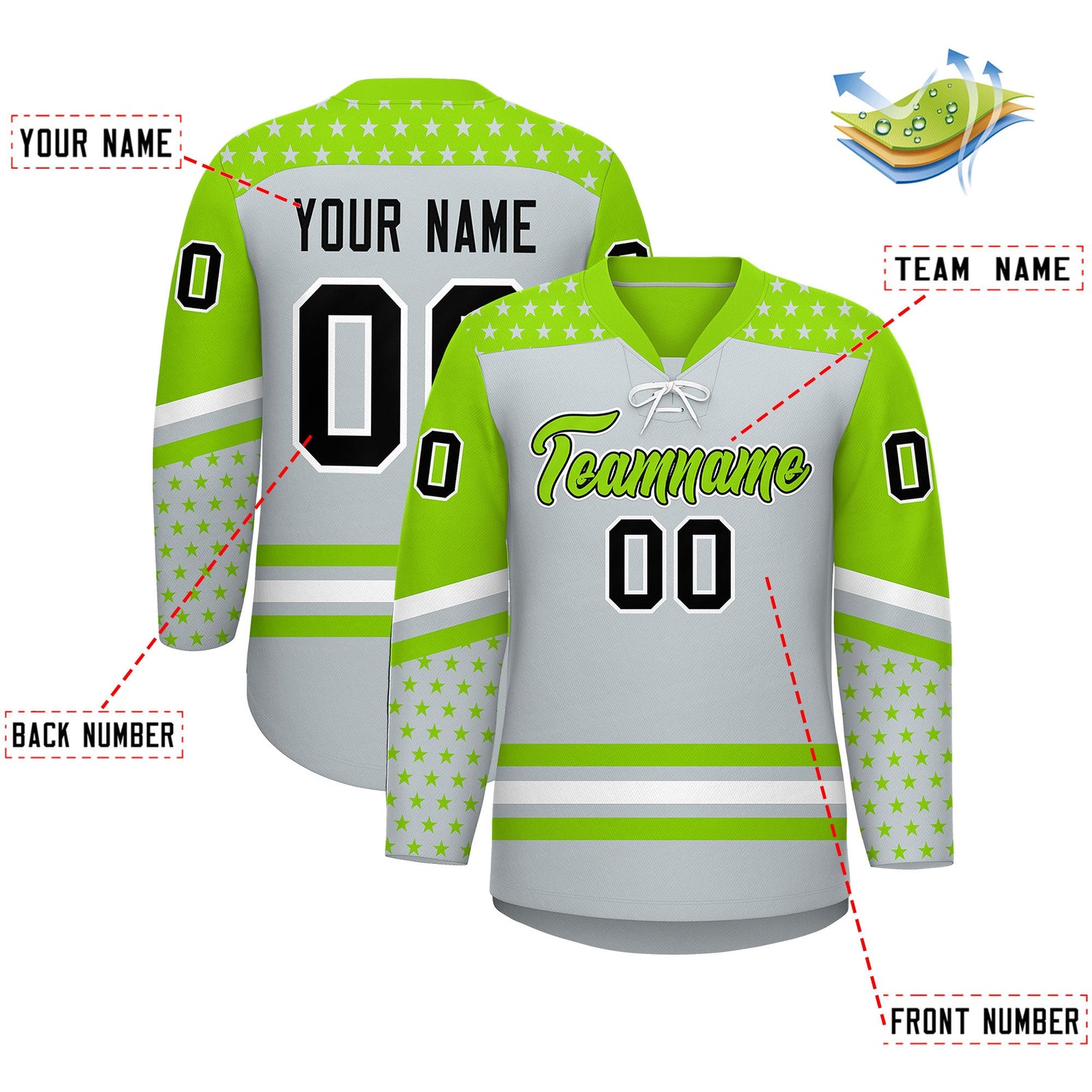 Custom Silver Neon Green White Star Series Personalization Lace-Up Neck Hockey Jersey| KXKSHOP