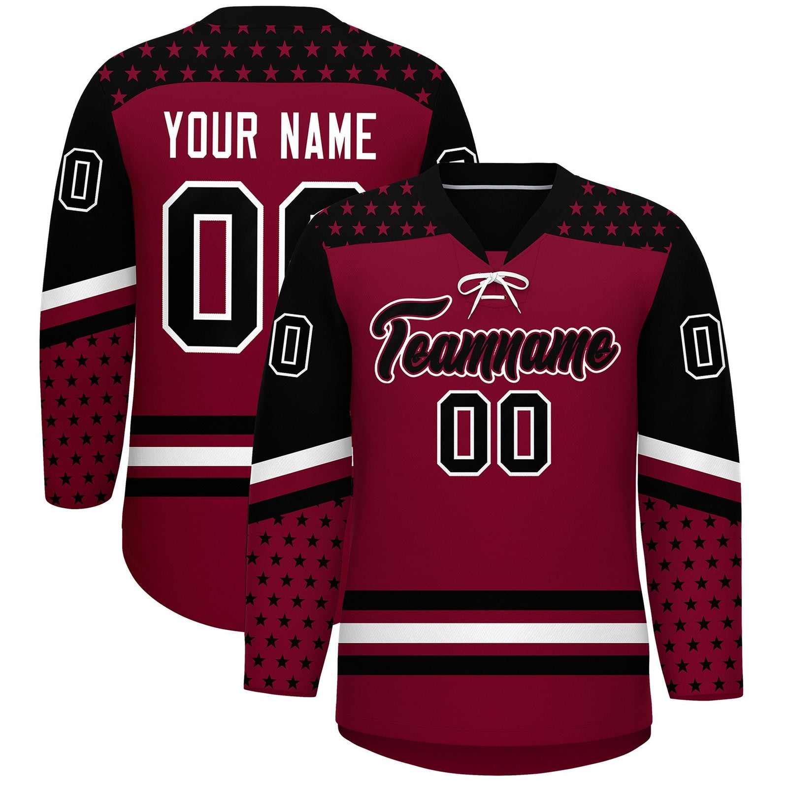 Custom Crimson Black White Star Series Personalization Lace-Up Neck Hockey Jersey| KXKSHOP