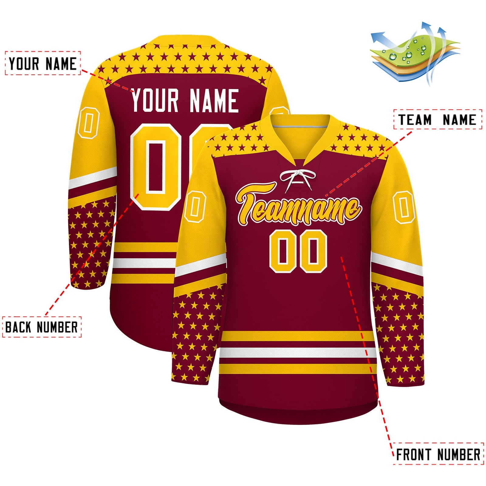 Custom Crimson Gold White Star Series Personalization Lace-Up Neck Hockey Jersey| KXKSHOP