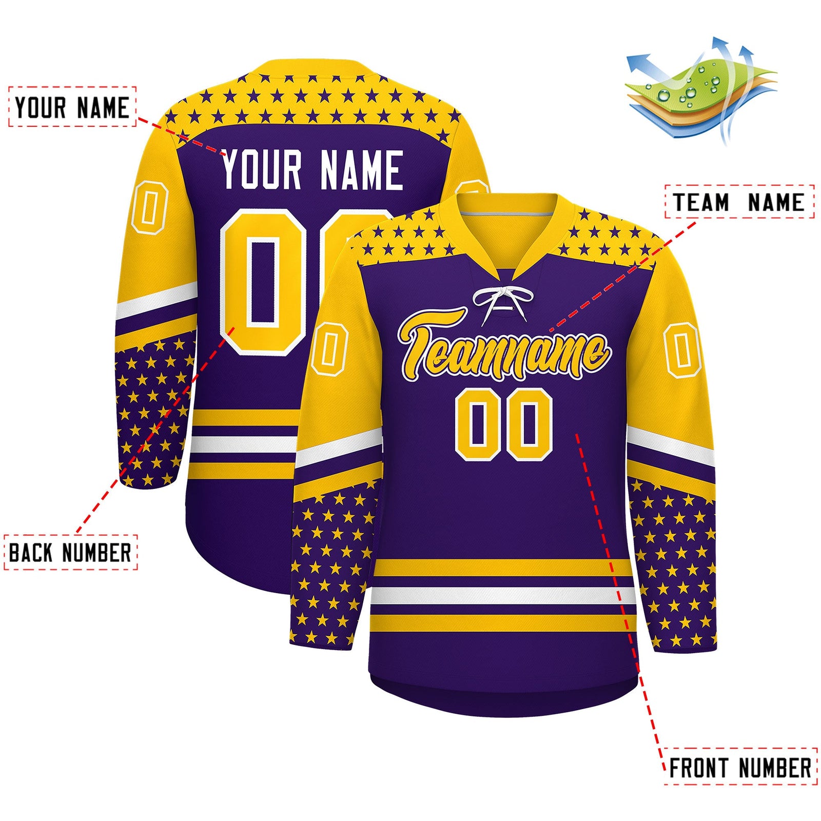 Custom Purple Gold White Star Series Personalization Lace-Up Neck Hockey Jersey| KXKSHOP