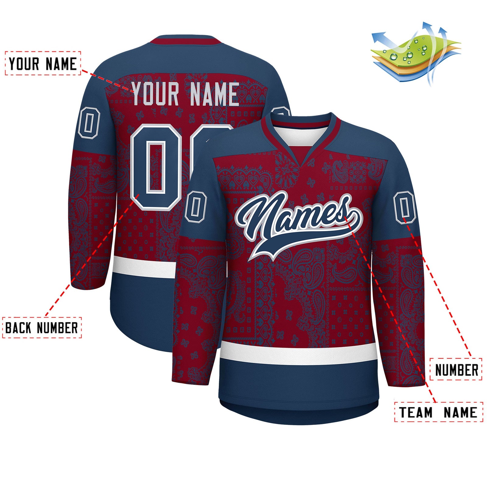 Custom Midnight Blue Crimson White Cashew Flower Graffiti Pattern V-Neck Hockey Jersey| KXKSHOP