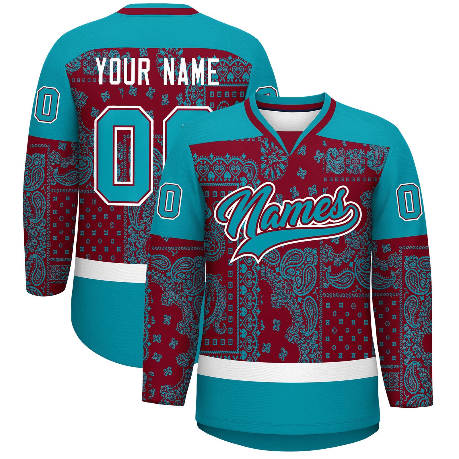 Custom Teal White Crimson Cashew Flower Graffiti Pattern V-Neck Hockey Jersey| KXKSHOP