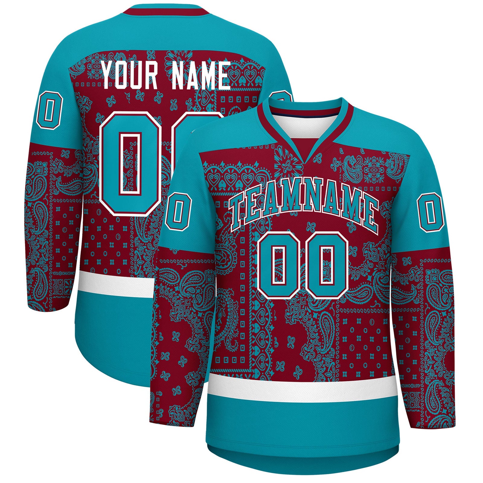 Custom Teal White Crimson Cashew Flower Graffiti Pattern V-Neck Hockey Jersey| KXKSHOP