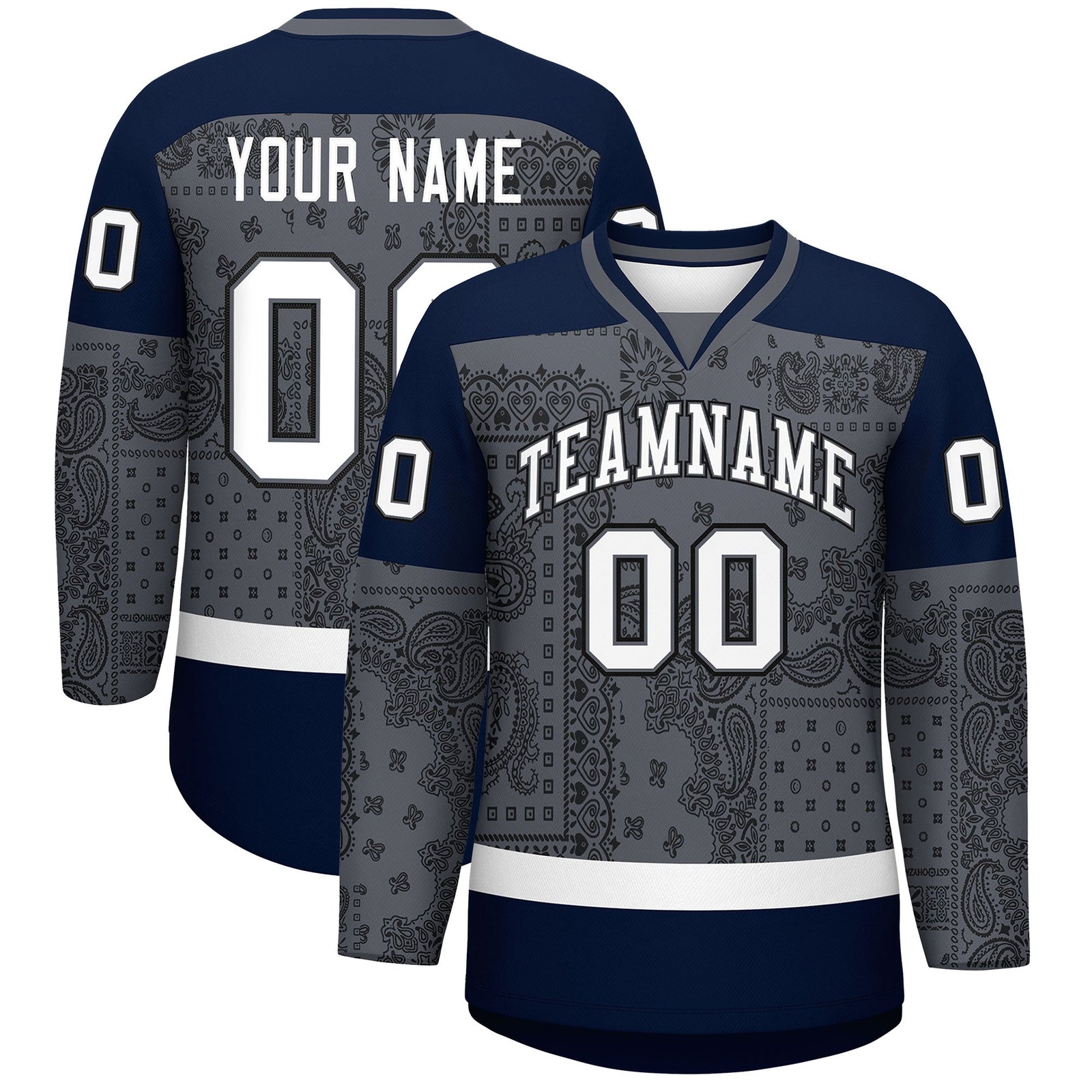 Custom Black Dark Gray White Cashew Flower Graffiti Pattern V-Neck Hockey Jersey| KXKSHOP