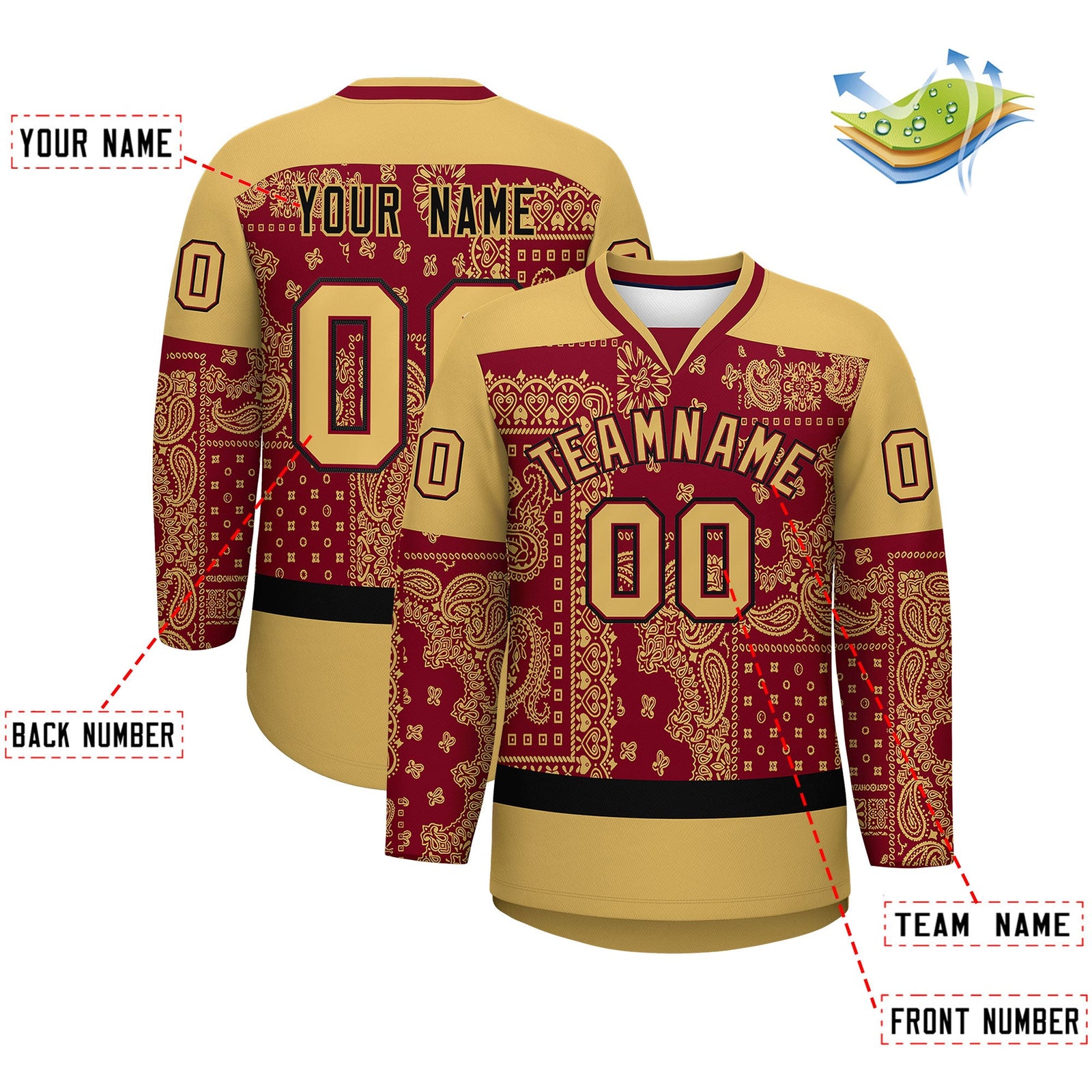 Custom Old Gold Crimson Black Cashew Flower Graffiti Pattern V-Neck Hockey Jersey| KXKSHOP