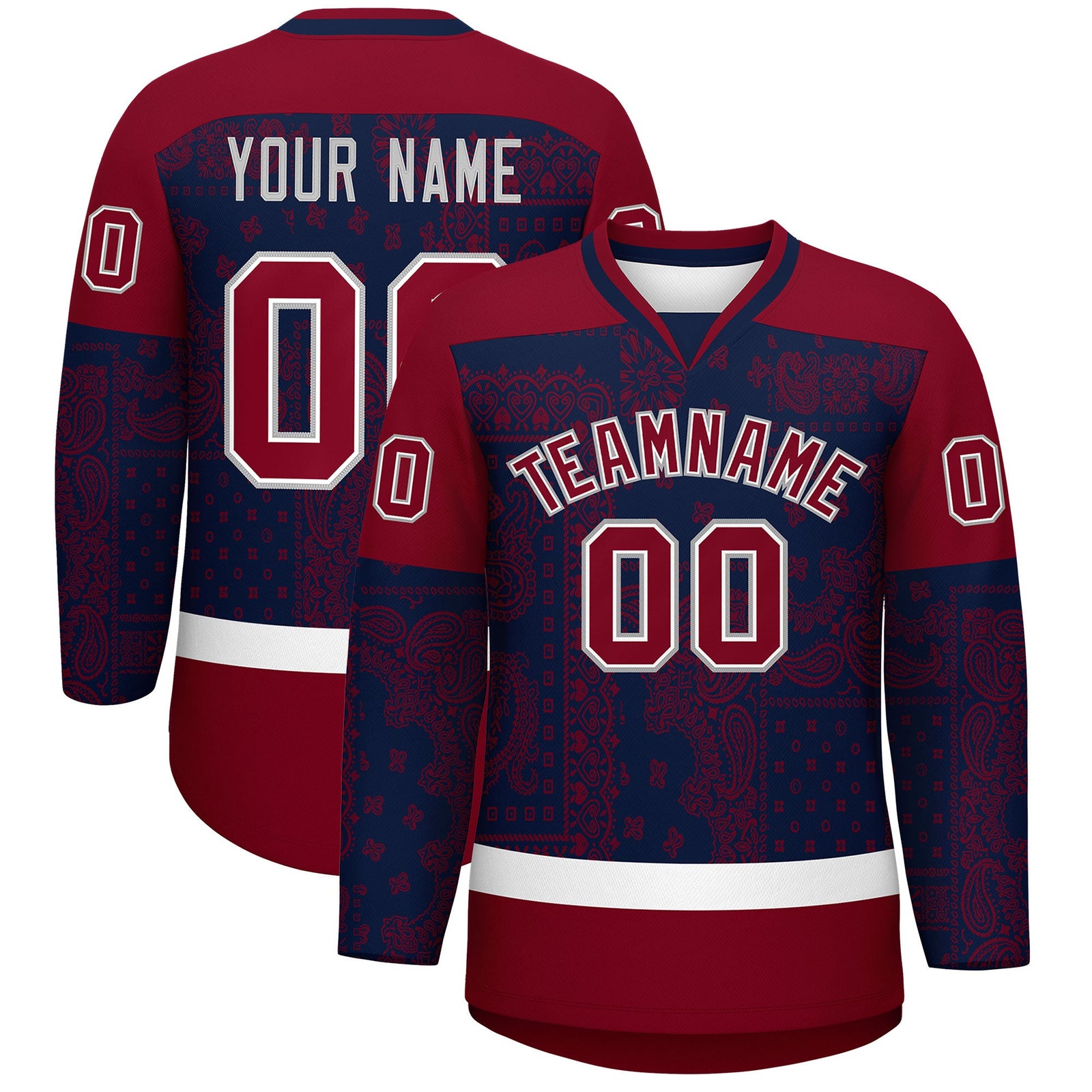 Custom Crimson Navy White Cashew Flower Graffiti Pattern V-Neck Hockey Jersey| KXKSHOP