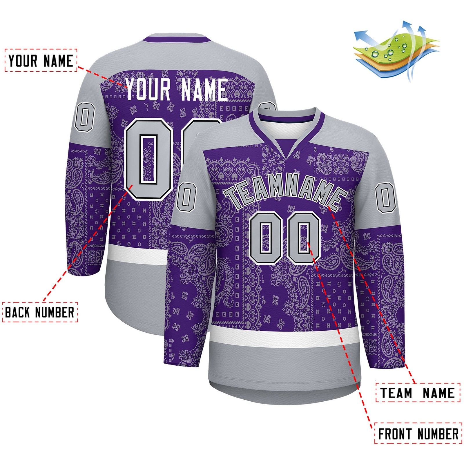 Custom Gray Purple White Cashew Flower Graffiti Pattern V-Neck Hockey Jersey| KXKSHOP