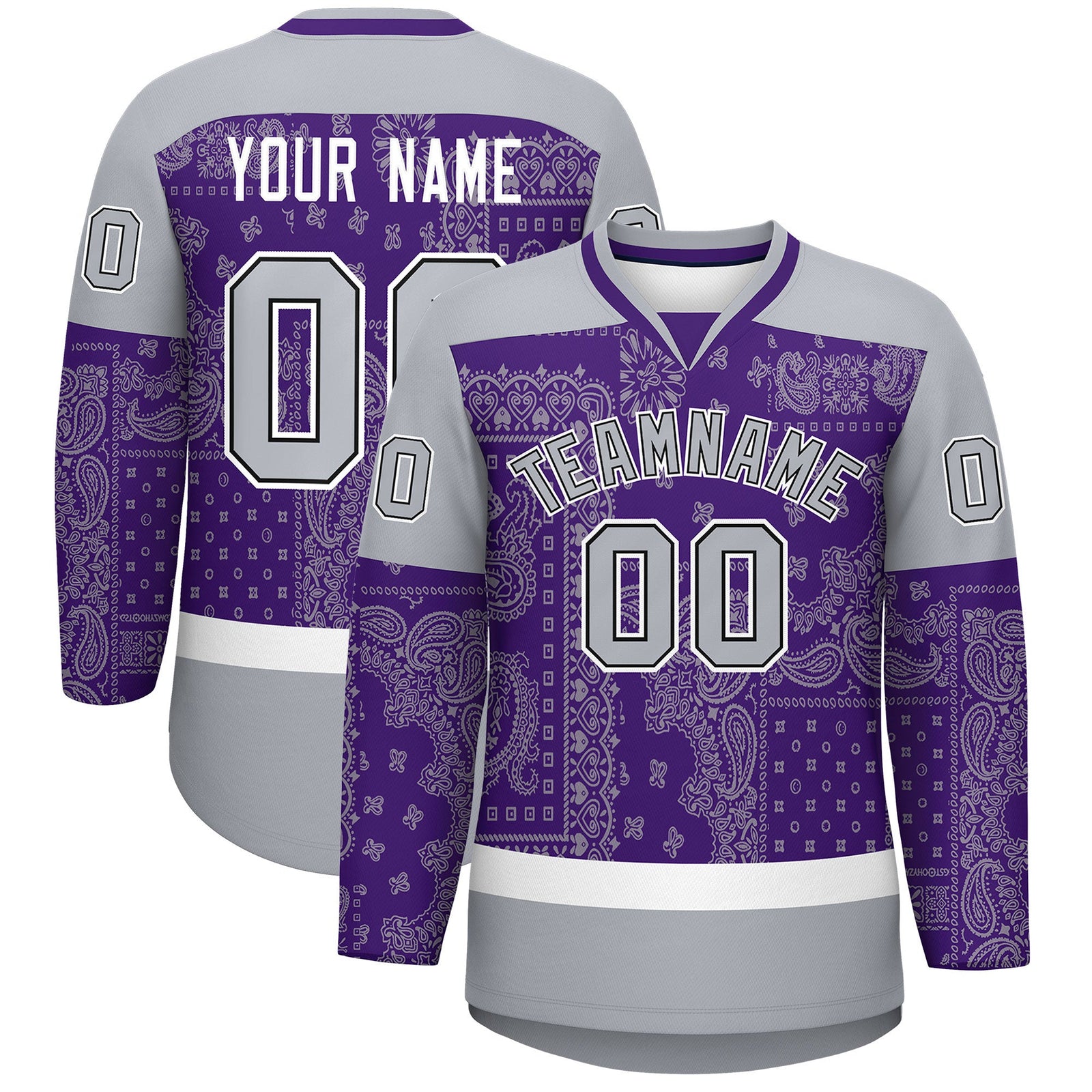 Custom Gray Purple White Cashew Flower Graffiti Pattern V-Neck Hockey Jersey| KXKSHOP