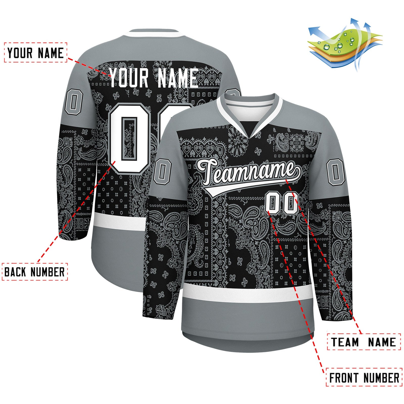 Custom Silver Gray White Black Cashew Flower Graffiti Pattern V-Neck Hockey Jersey| KXKSHOP