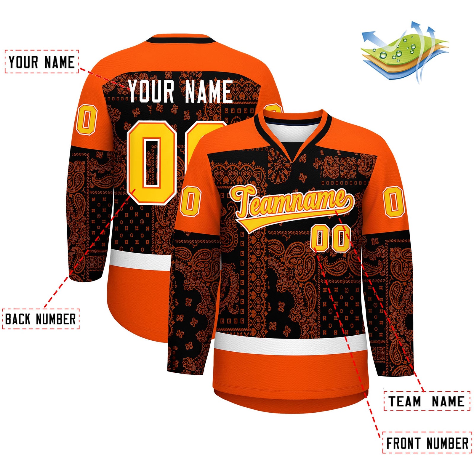 Custom Orange White Black Cashew Flower Graffiti Pattern V-Neck Hockey Jersey| KXKSHOP
