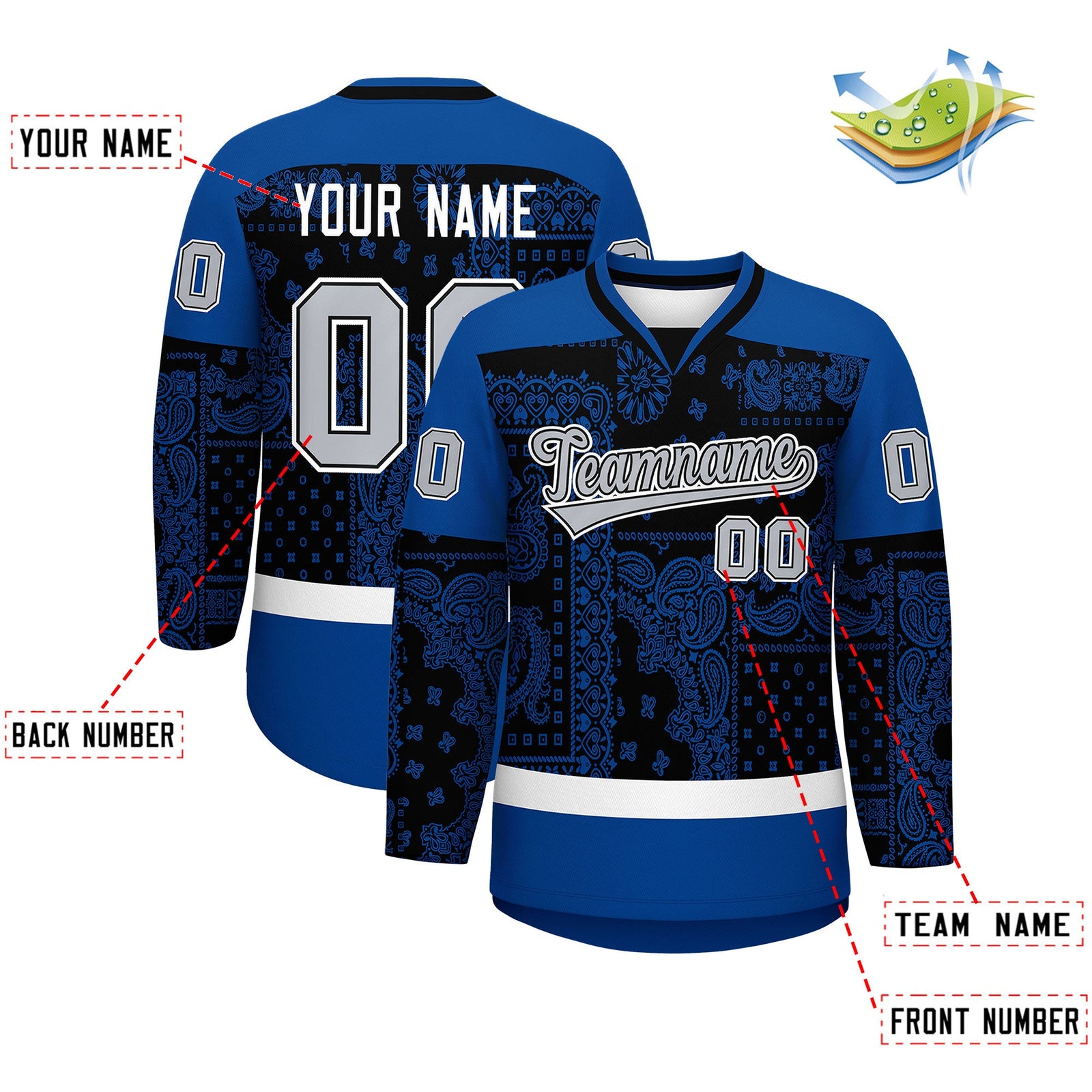 Custom Royal White Black Cashew Flower Graffiti Pattern V-Neck Hockey Jersey| KXKSHOP