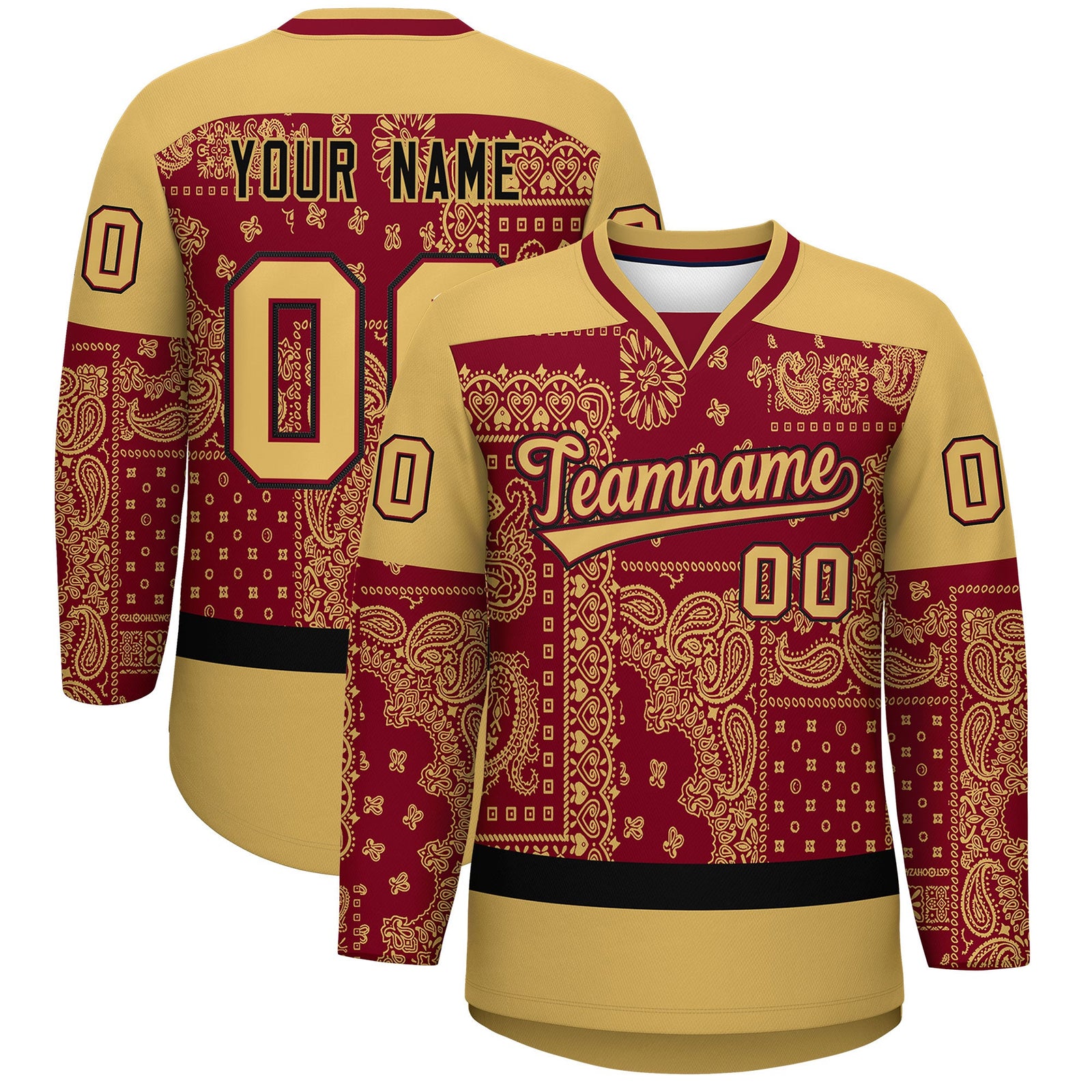 Custom Old Gold Crimson Black Cashew Flower Graffiti Pattern V-Neck Hockey Jersey| KXKSHOP