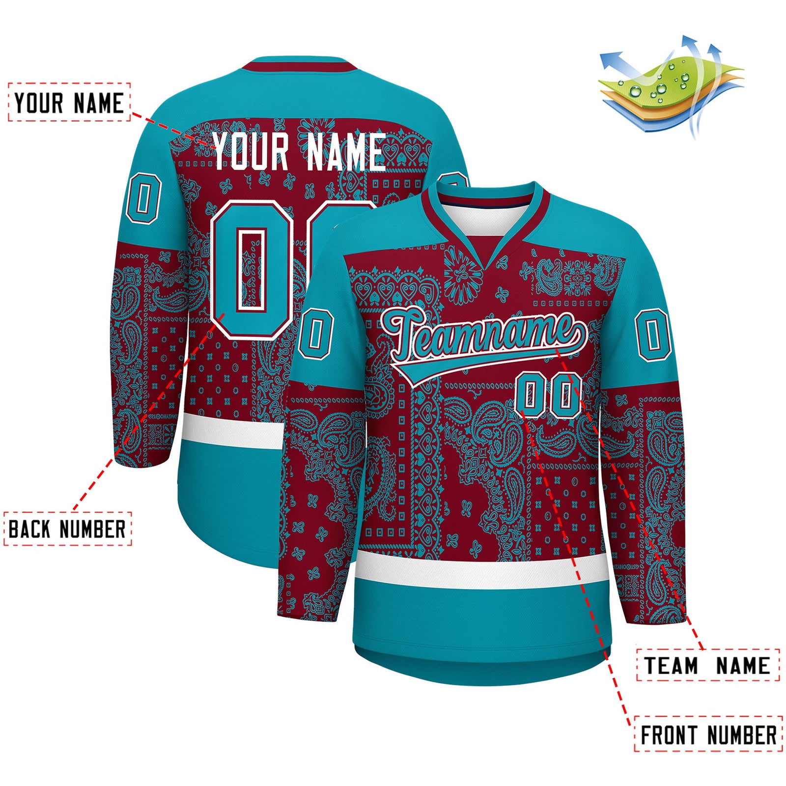 Custom Teal White Crimson Cashew Flower Graffiti Pattern V-Neck Hockey Jersey| KXKSHOP