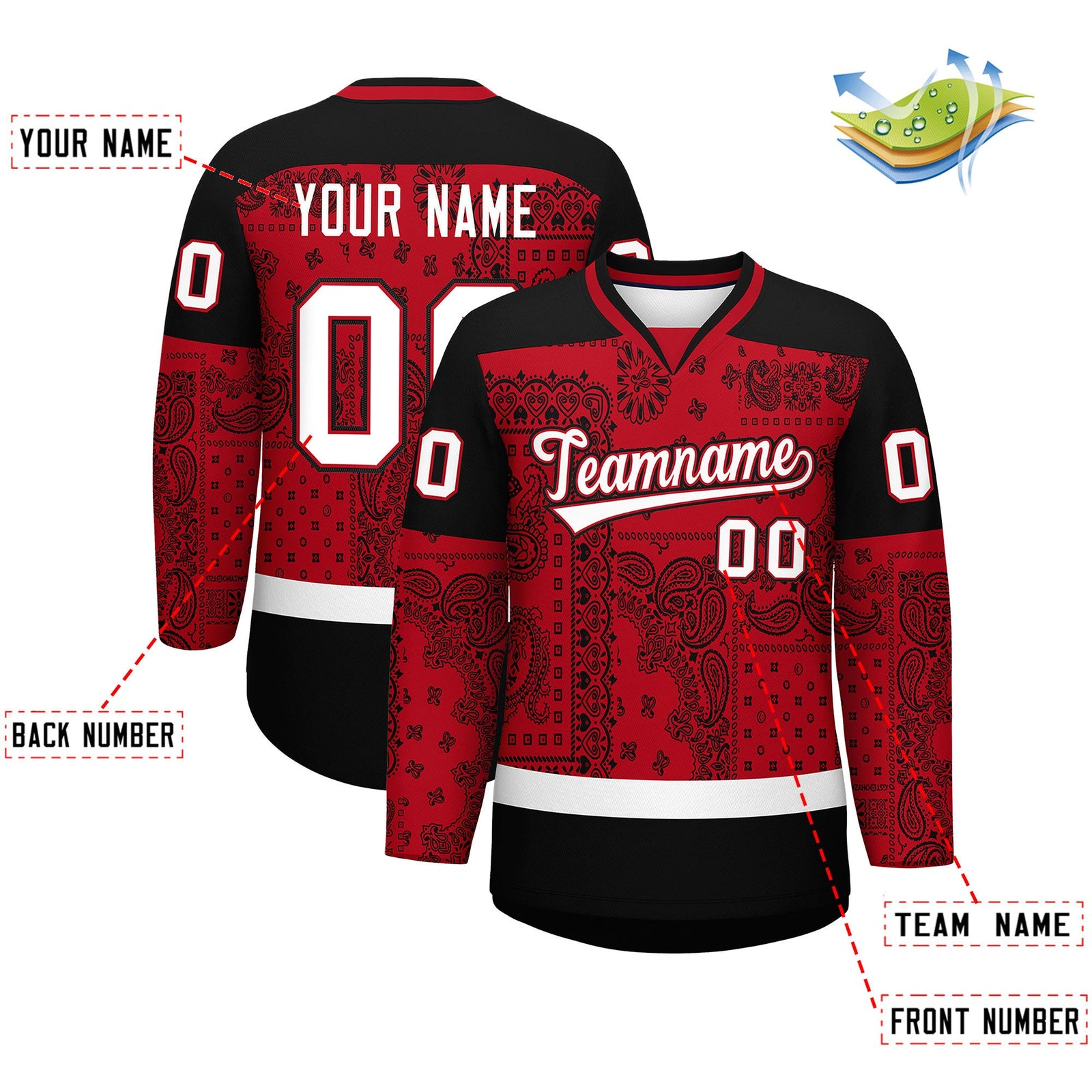 Custom Black Red White Cashew Flower Graffiti Pattern V-Neck Hockey Jersey| KXKSHOP