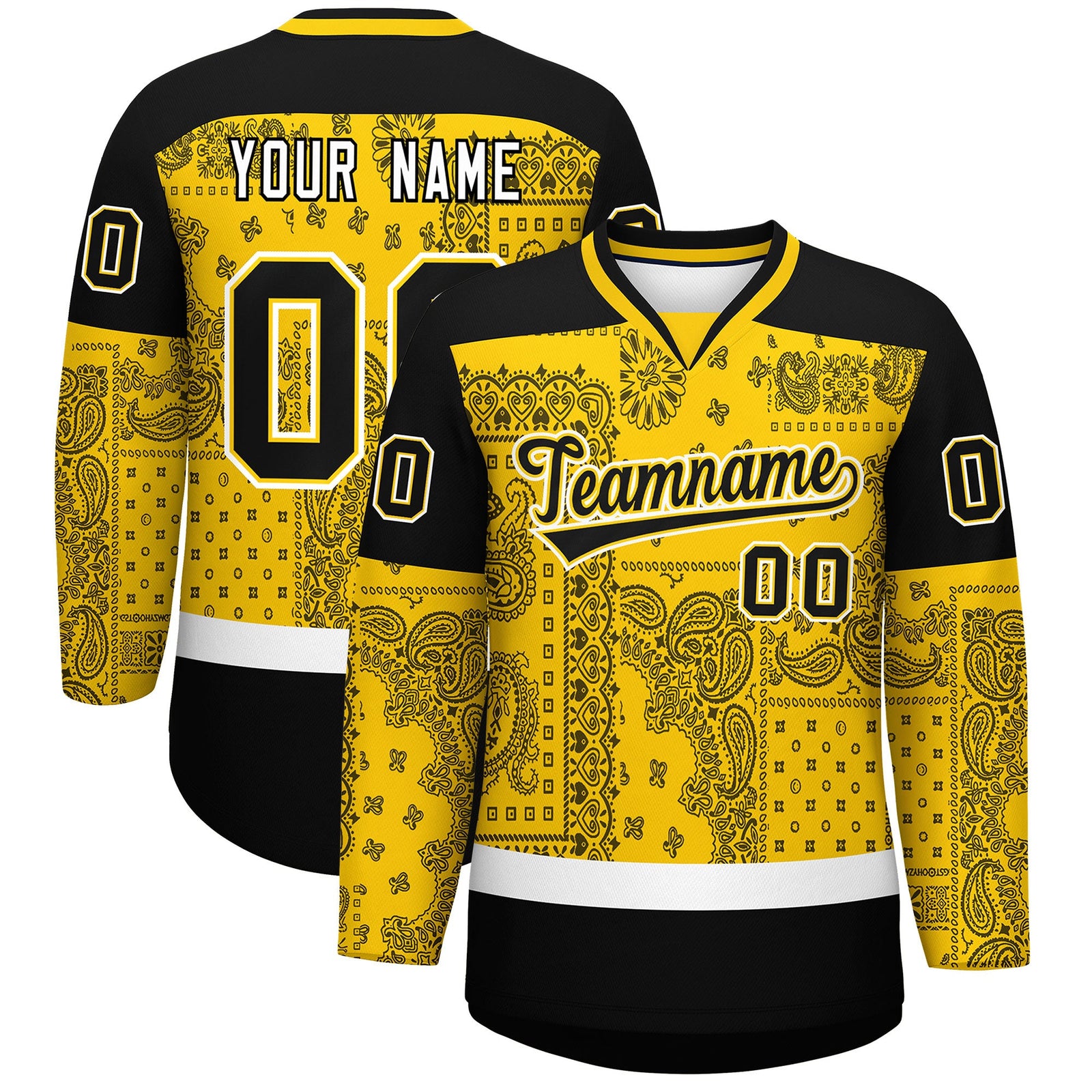 Custom Black Gold White Cashew Flower Graffiti Pattern V-Neck Hockey Jersey| KXKSHOP