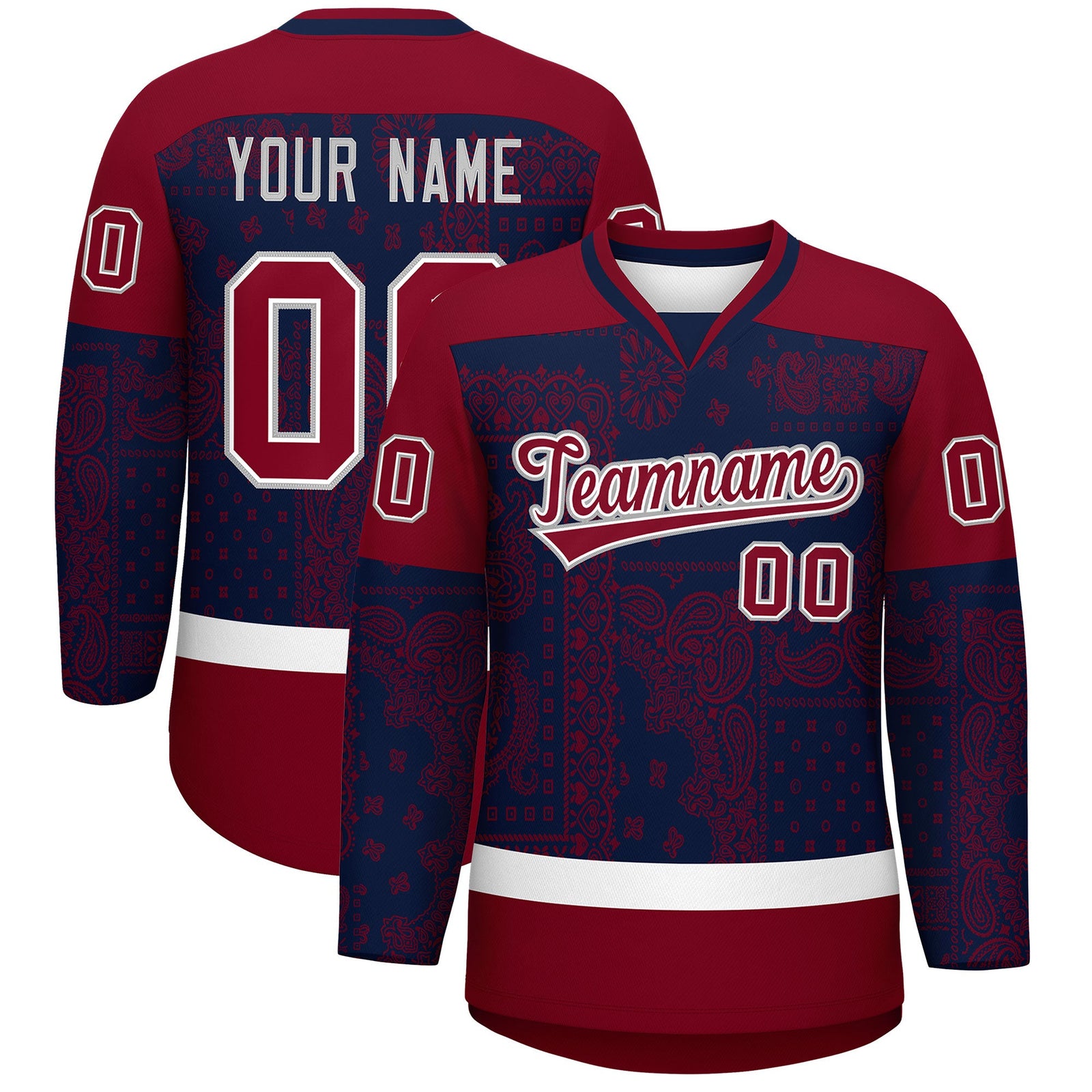 Custom Crimson Navy White Cashew Flower Graffiti Pattern V-Neck Hockey Jersey| KXKSHOP