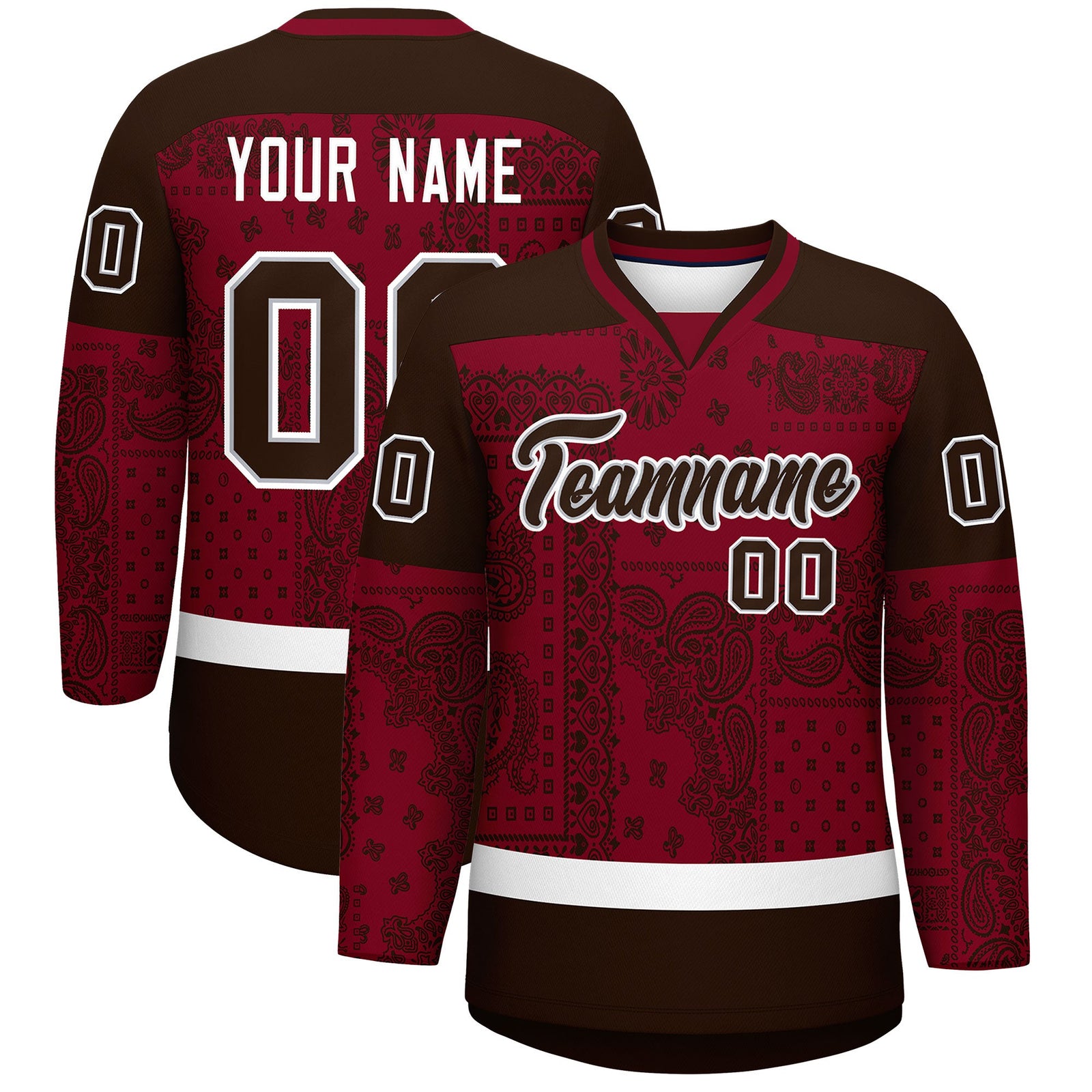 Custom Brown Crimson White Cashew Flower Graffiti Pattern V-Neck Hockey Jersey| KXKSHOP