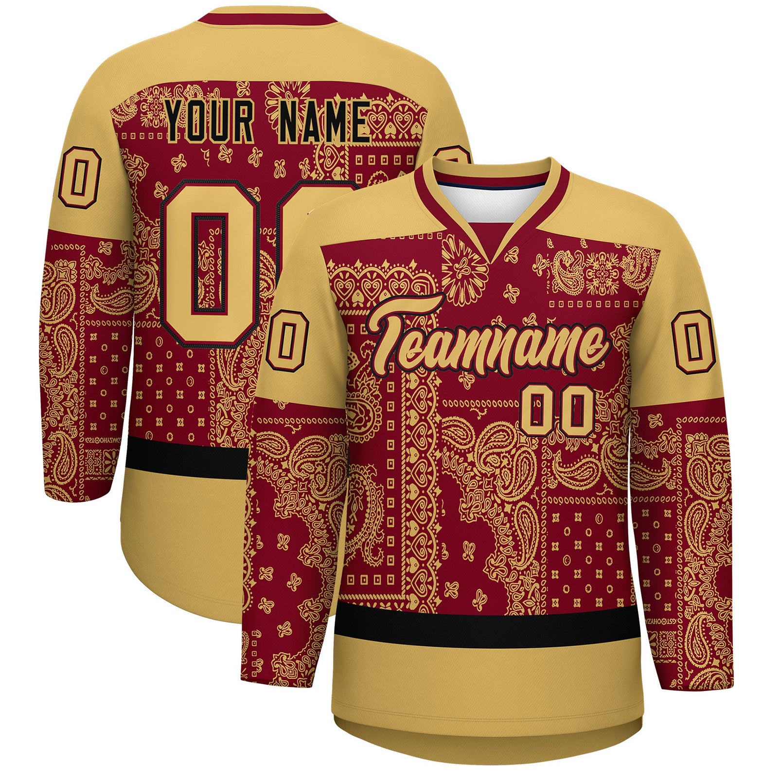 Custom Old Gold Crimson Black Cashew Flower Graffiti Pattern V-Neck Hockey Jersey| KXKSHOP
