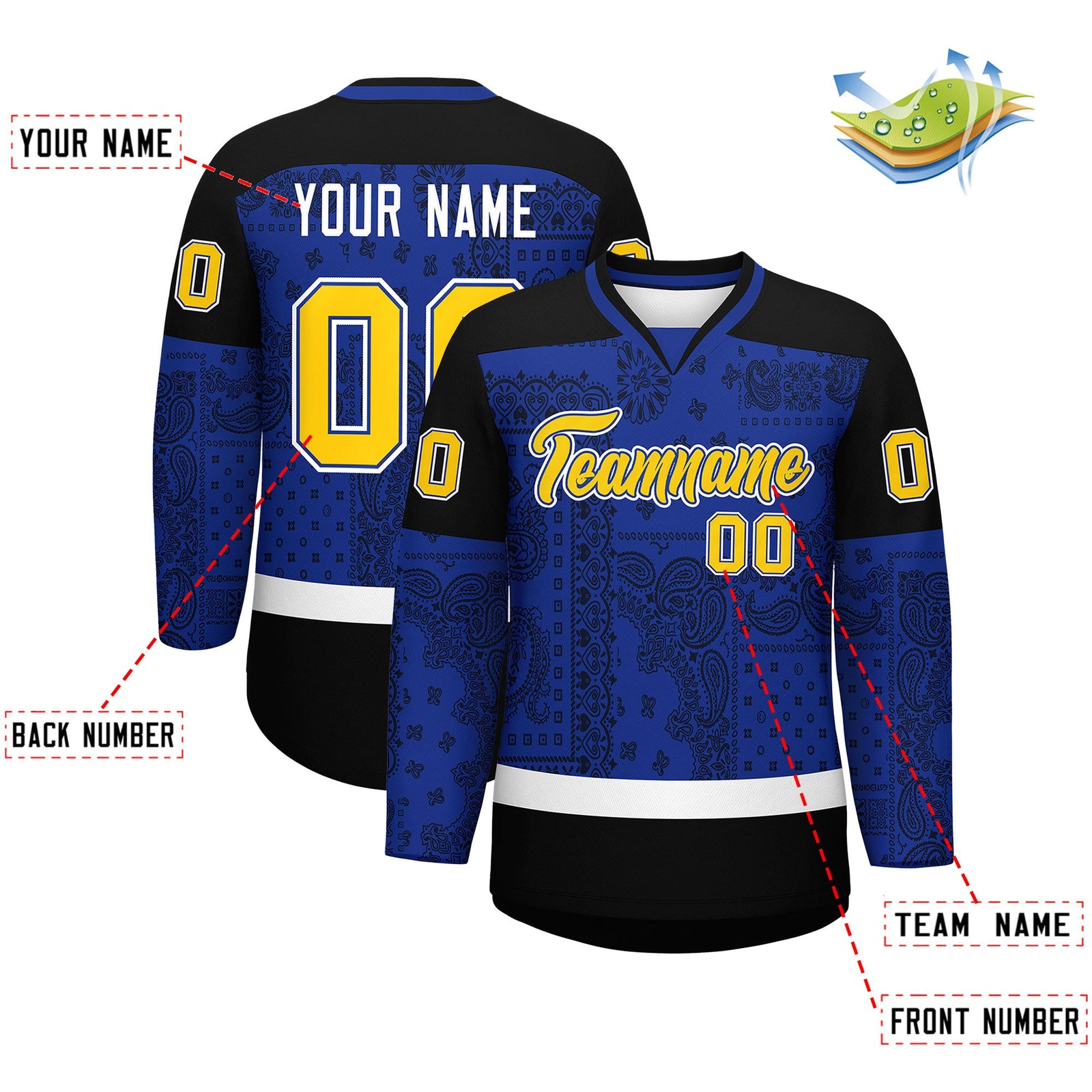Custom Black Royal White Cashew Flower Graffiti Pattern V-Neck Hockey Jersey| KXKSHOP