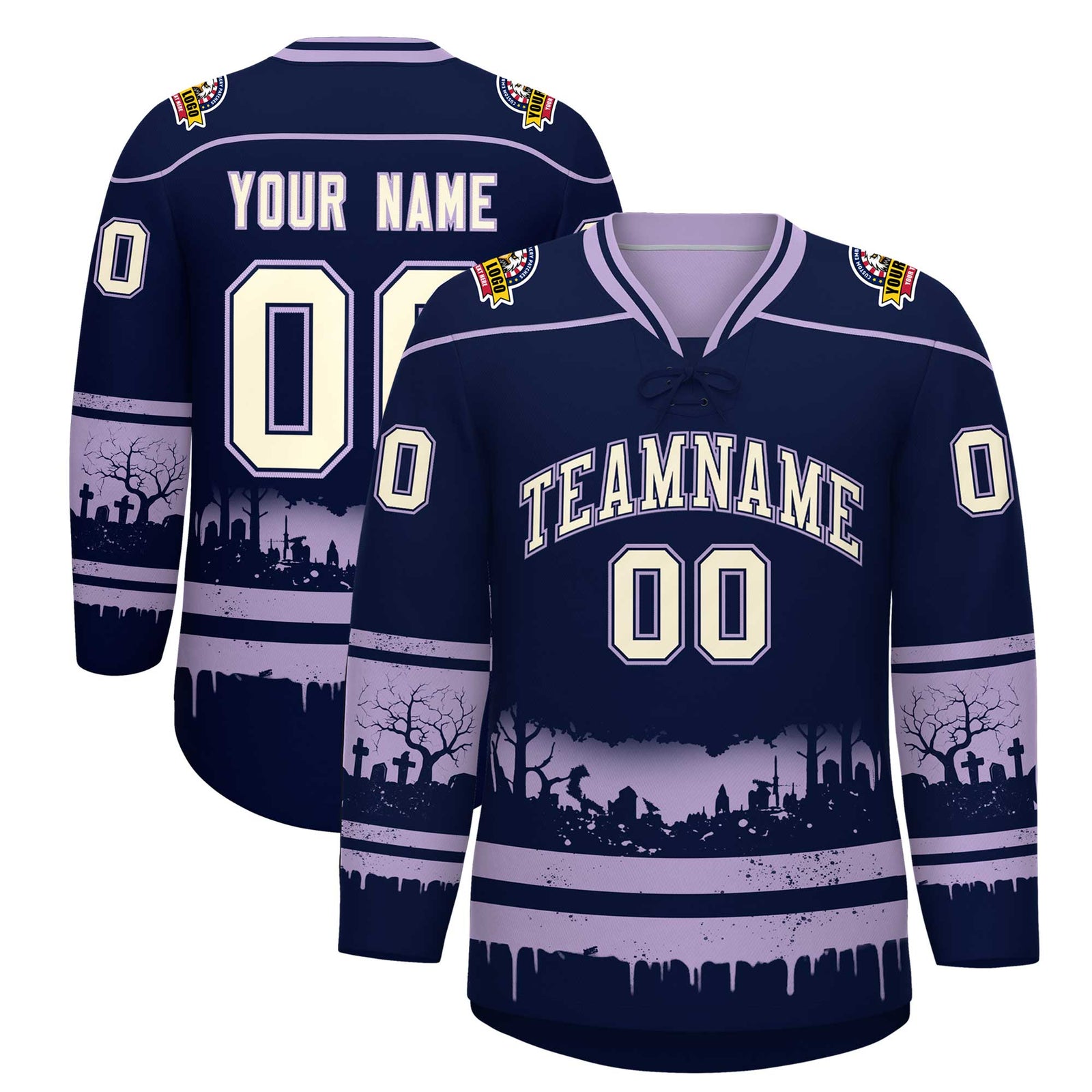 Custom Navy Light Purple Cream Gradient Fashion Halloween Stretch Fabric Hockey Jersey| KXKSHOP