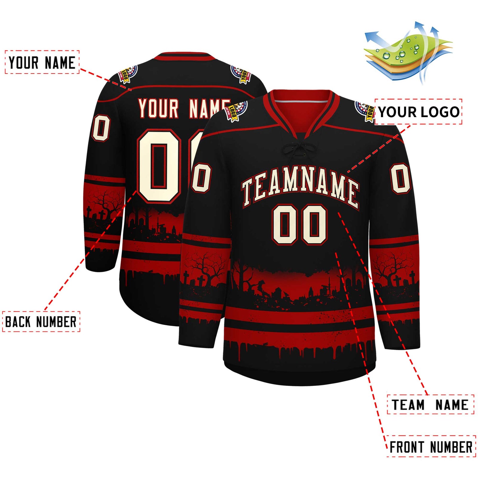 Custom Black Red Cream Gradient Fashion Halloween Stretch Fabric Hockey Jersey| KXKSHOP