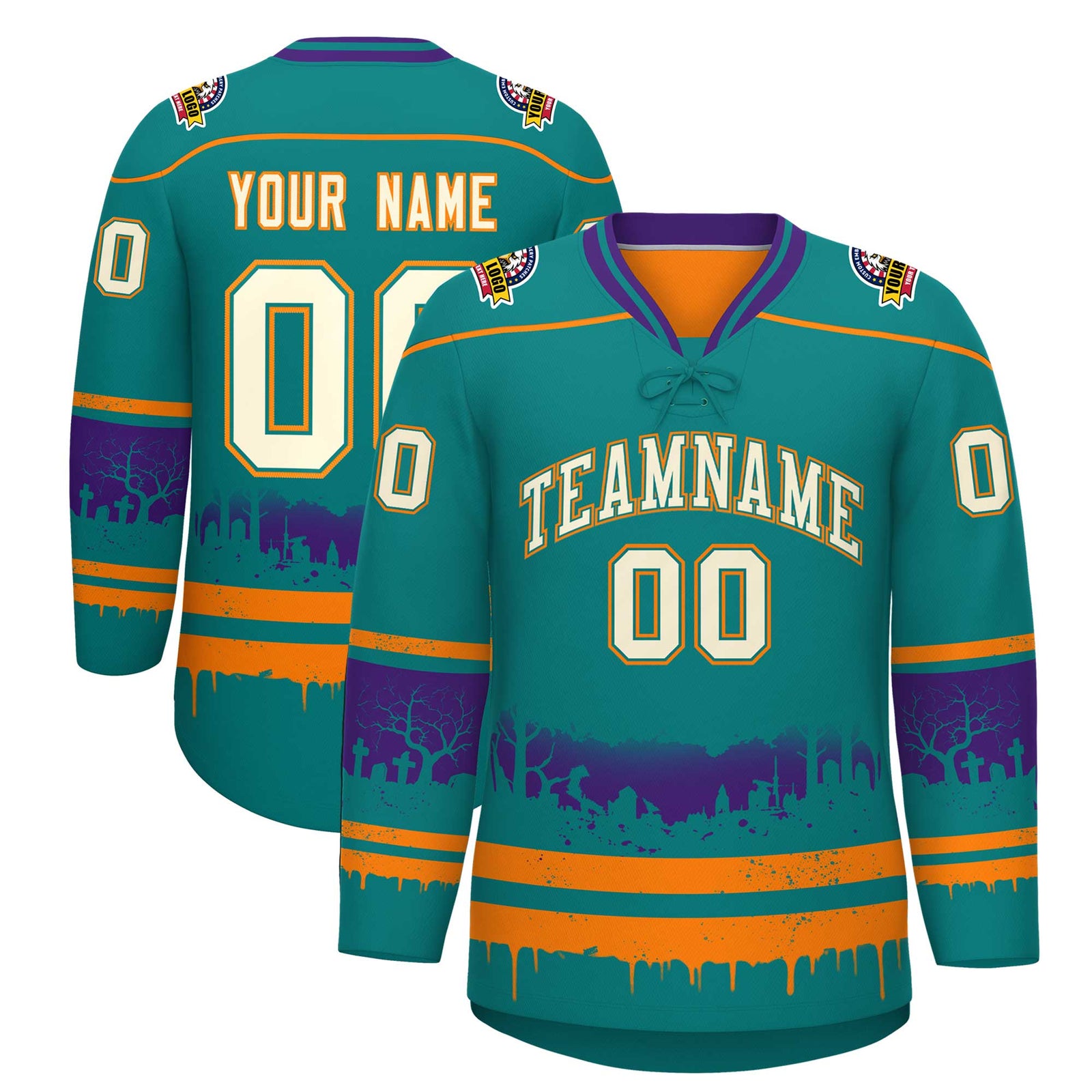 Custom Teal Orange Purple Gradient Fashion Halloween Stretch Fabric Hockey Jersey| KXKSHOP