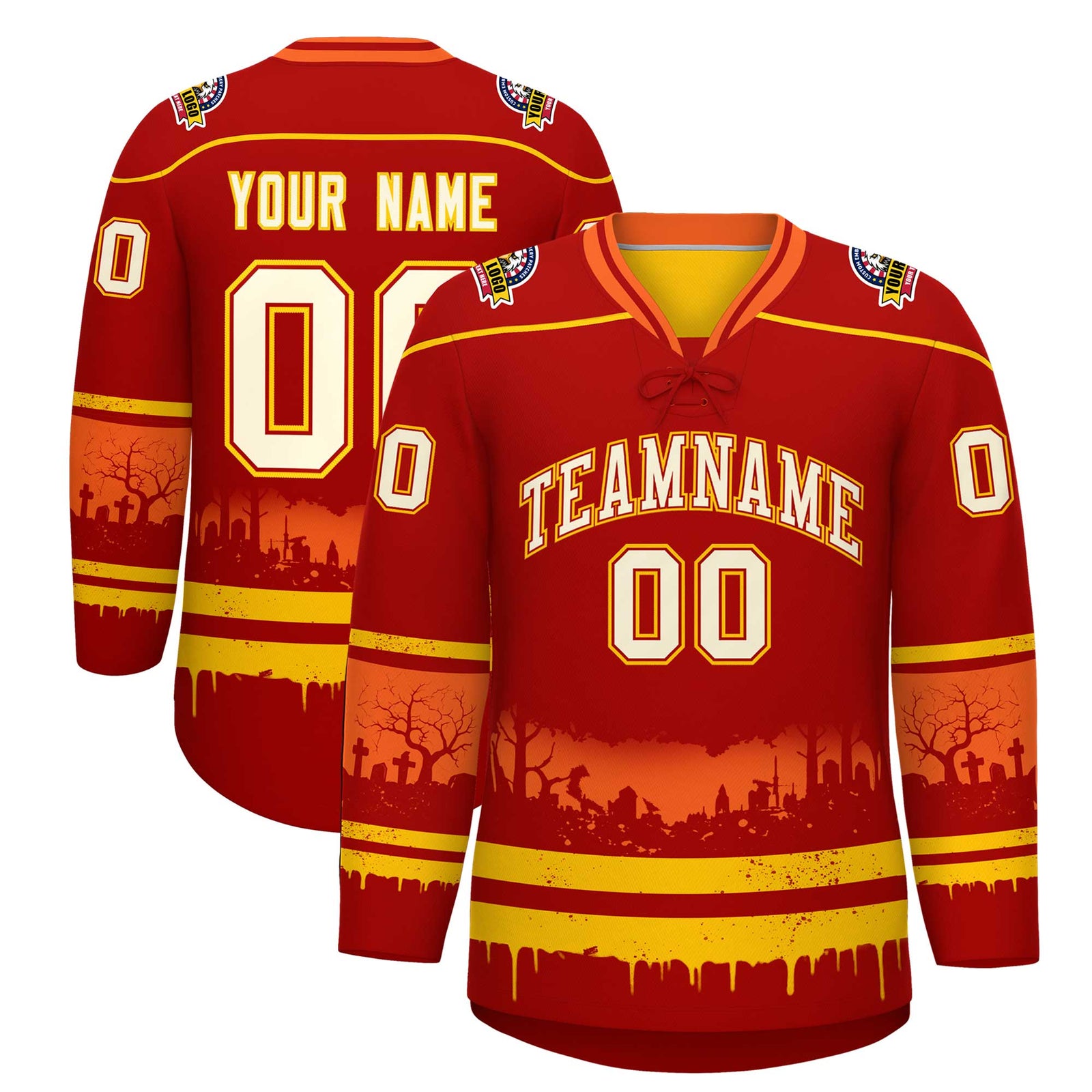 Custom Red Gold Orange Gradient Fashion Halloween Stretch Fabric Hockey Jersey| KXKSHOP