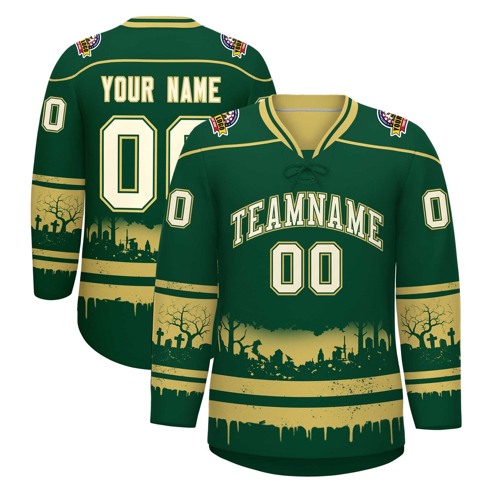 Custom Dark Green Old Gold Cream Gradient Fashion Halloween Stretch Fabric Hockey Jersey| KXKSHOP