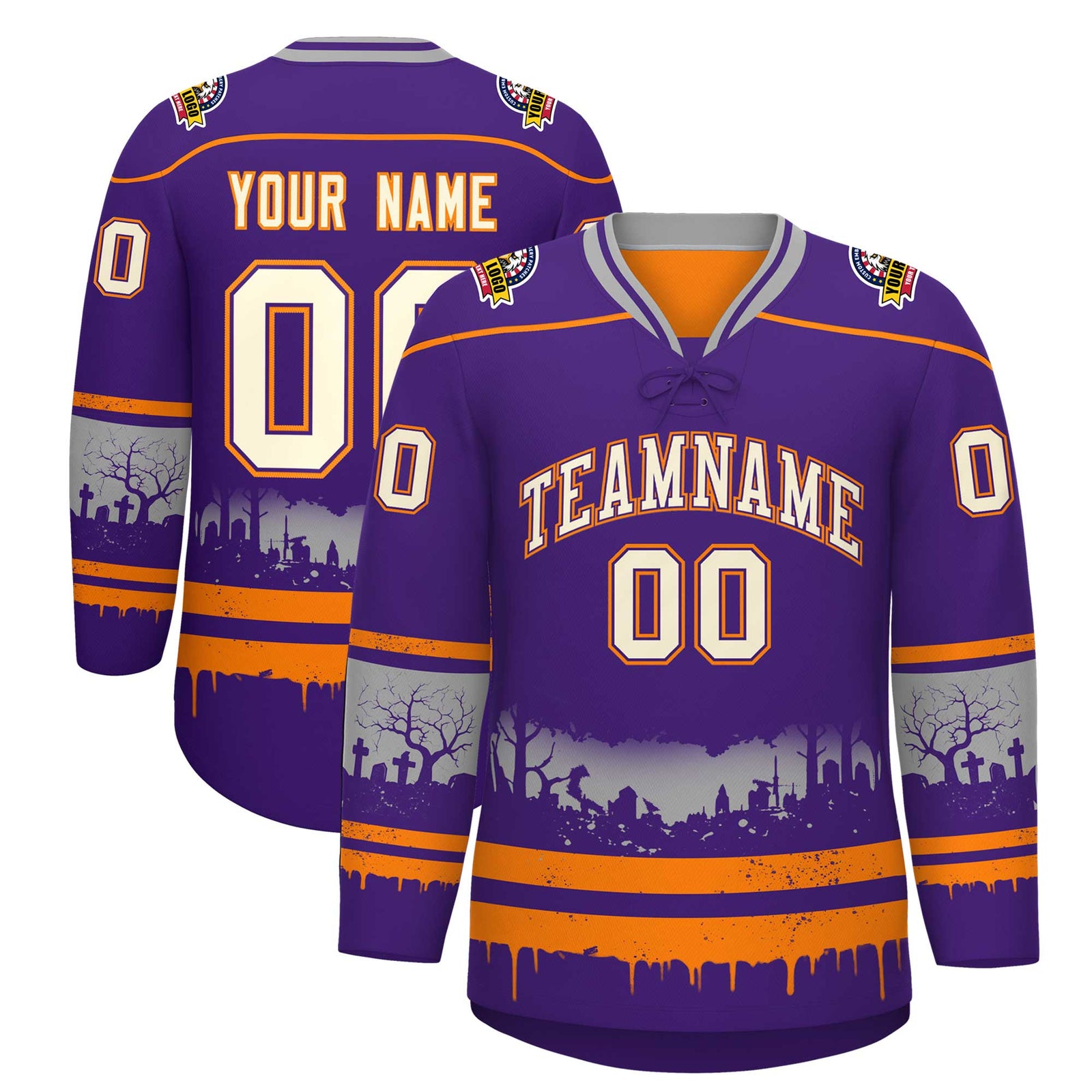 Custom Purple Orange Gray Gradient Fashion Halloween Stretch Fabric Hockey Jersey| KXKSHOP