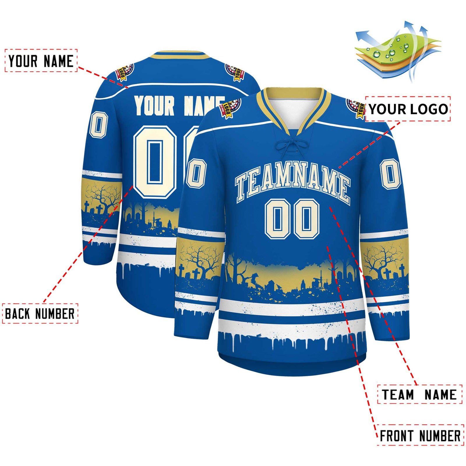 Custom Royal White Old Gold Gradient Fashion Halloween Stretch Fabric Hockey Jersey| KXKSHOP