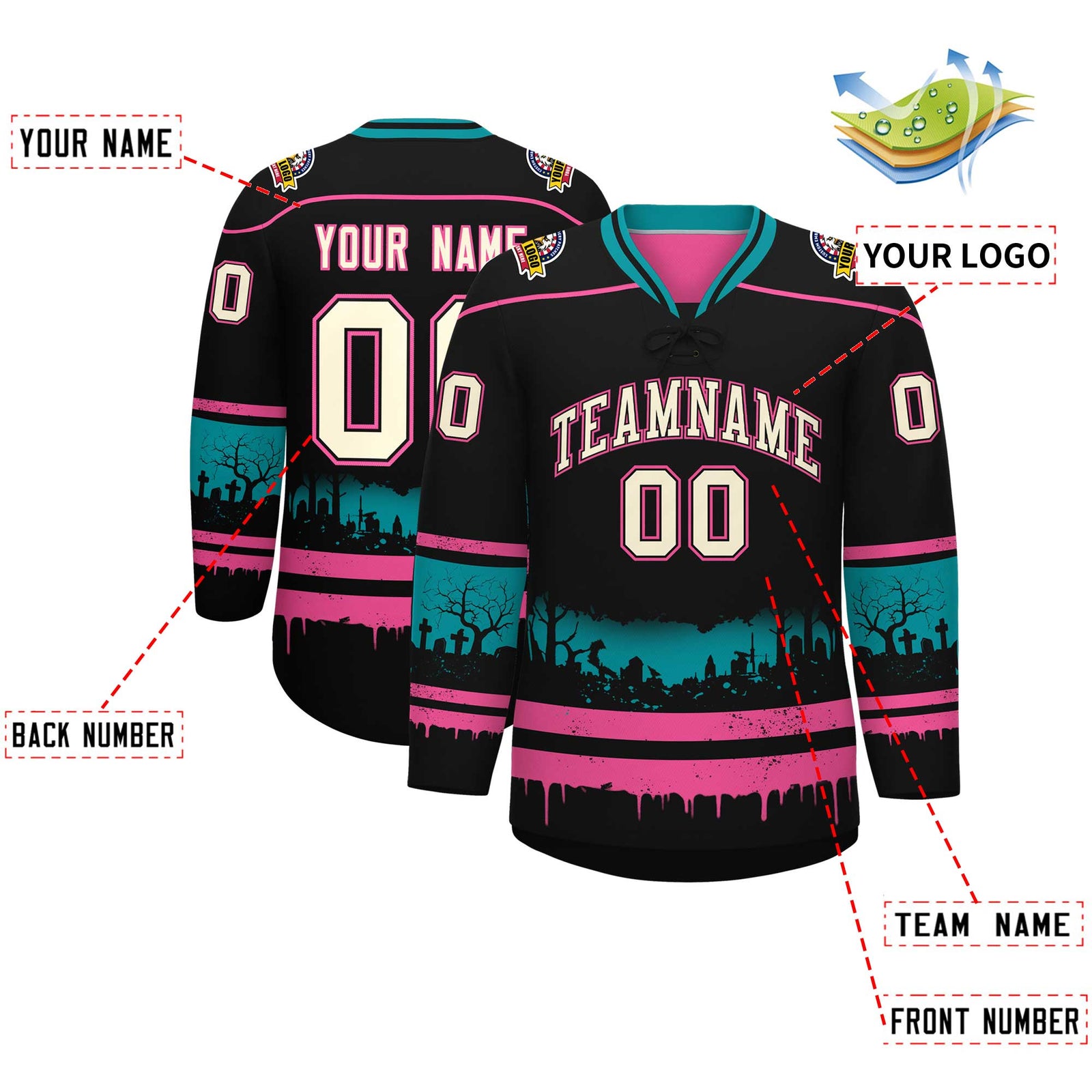 Custom Black Pink Teal Gradient Fashion Halloween Stretch Fabric Hockey Jersey| KXKSHOP