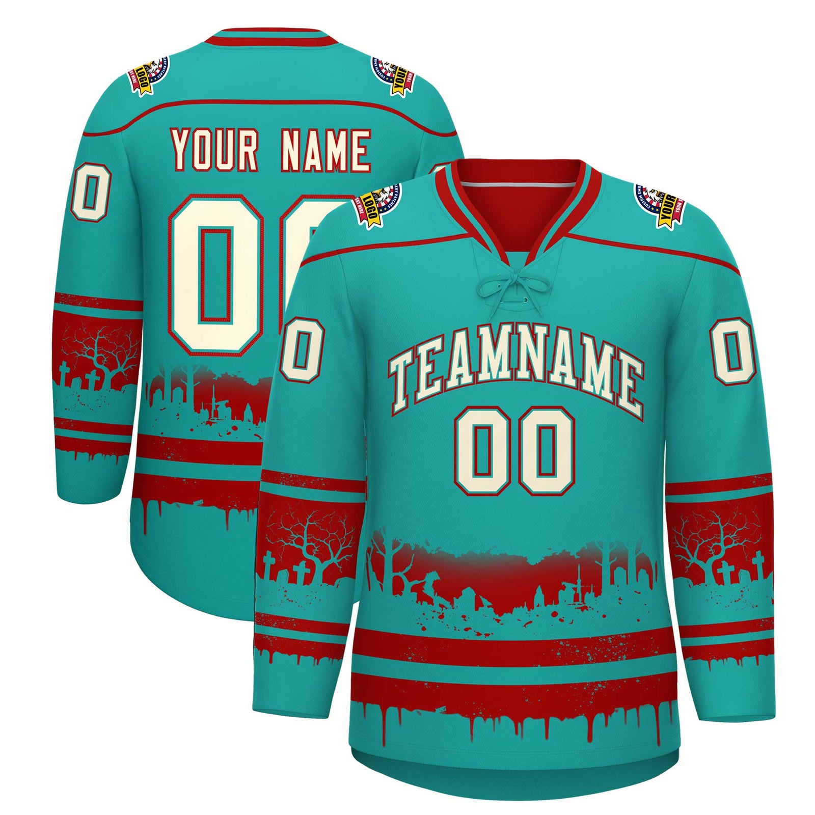 Custom Aqua Red Cream Gradient Fashion Halloween Stretch Fabric Hockey Jersey| KXKSHOP