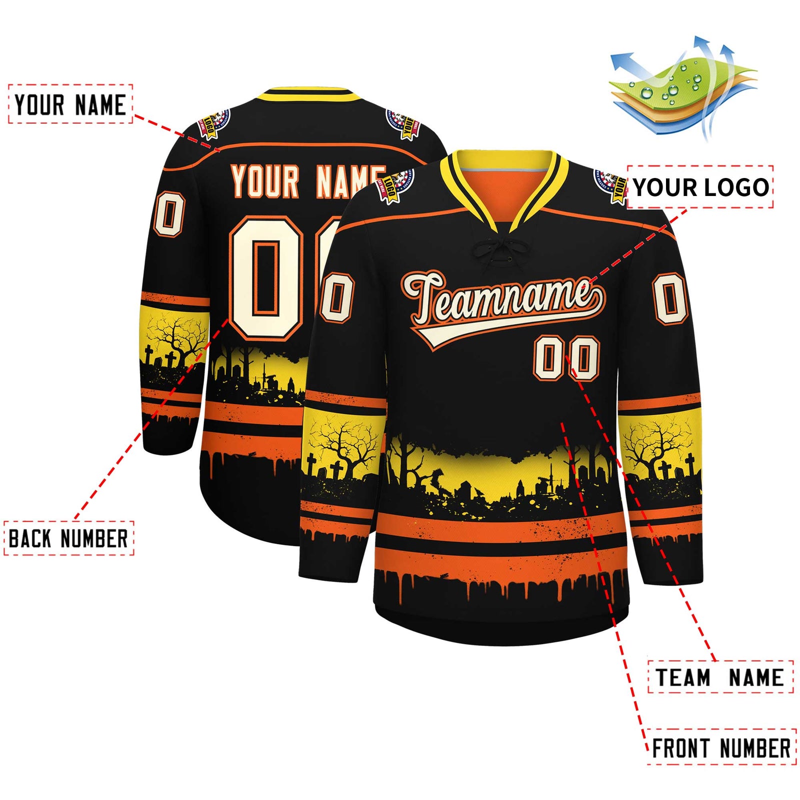 Custom Black Orange Gold Gradient Fashion Halloween Stretch Fabric Hockey Jersey| KXKSHOP