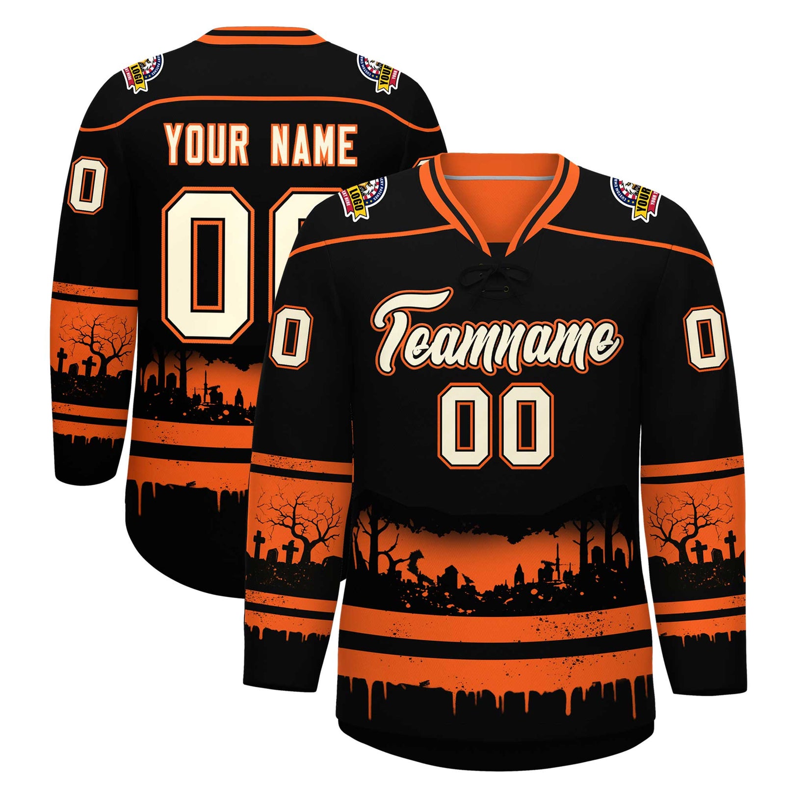 Custom Black Orange Cream Gradient Fashion Halloween Stretch Fabric Hockey Jersey| KXKSHOP