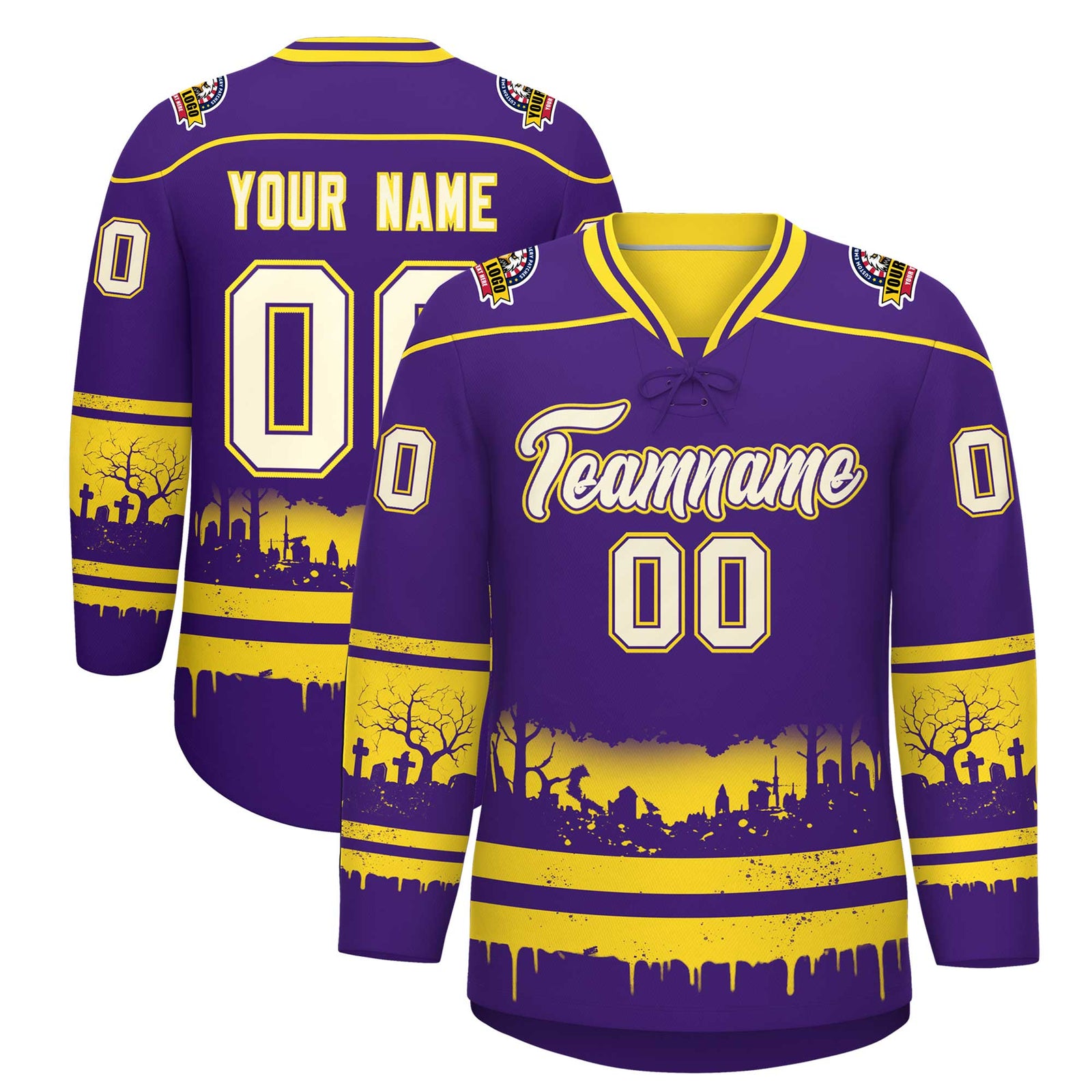 Custom Purple Gold Cream Gradient Fashion Halloween Stretch Fabric Hockey Jersey| KXKSHOP
