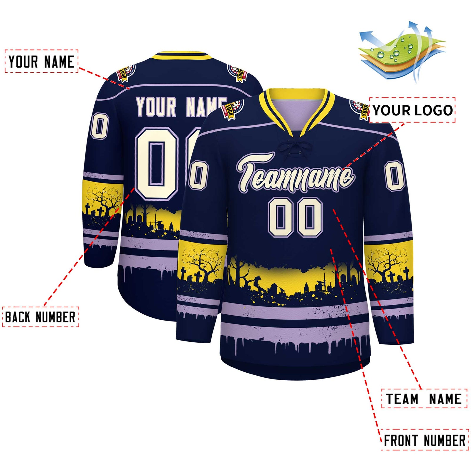Custom Navy Light Purple Gold Gradient Fashion Halloween Stretch Fabric Hockey Jersey| KXKSHOP