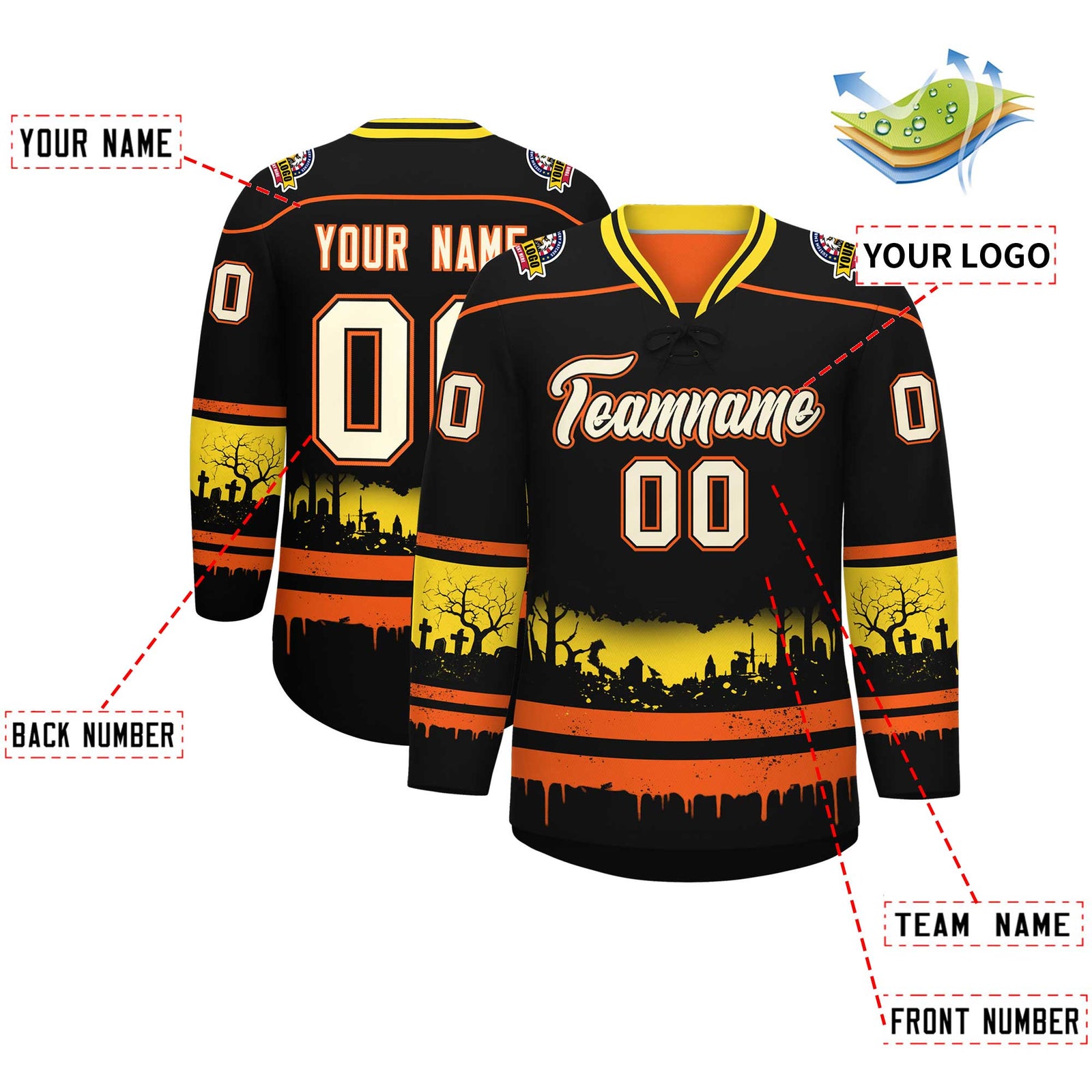 Custom Black Orange Gold Gradient Fashion Halloween Stretch Fabric Hockey Jersey| KXKSHOP