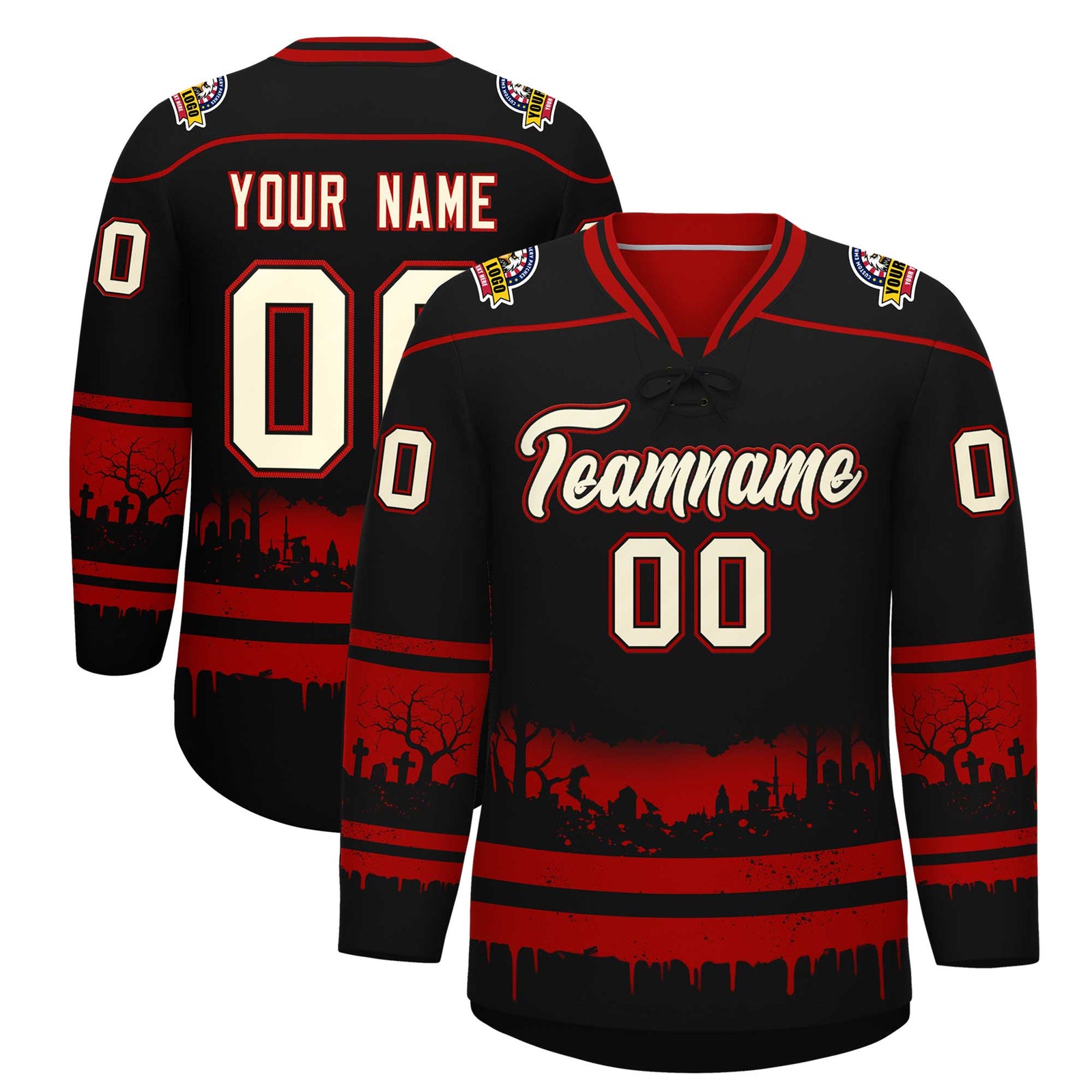 Custom Black Red Cream Gradient Fashion Halloween Stretch Fabric Hockey Jersey| KXKSHOP