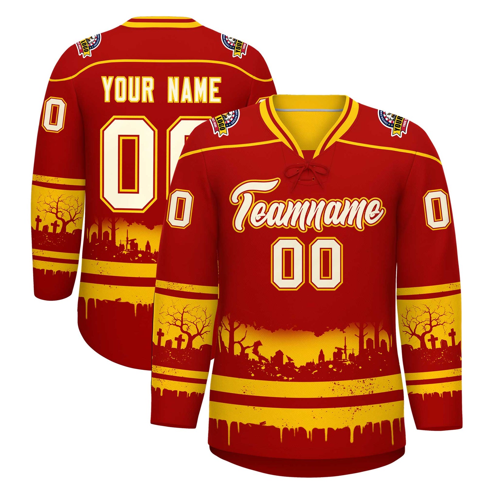 Custom Red Gold Cream Gradient Fashion Halloween Stretch Fabric Hockey Jersey| KXKSHOP