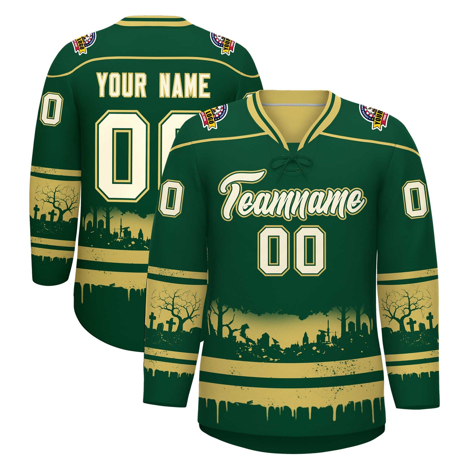 Custom Dark Green Old Gold Cream Gradient Fashion Halloween Stretch Fabric Hockey Jersey| KXKSHOP