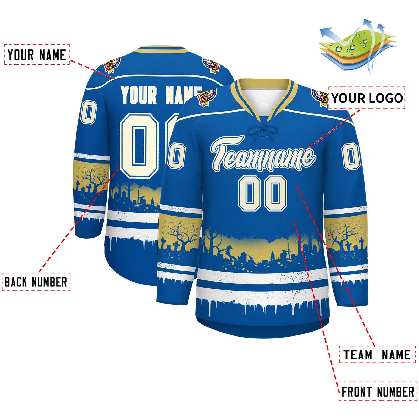 Custom Royal White Old Gold Gradient Fashion Halloween Stretch Fabric Hockey Jersey| KXKSHOP