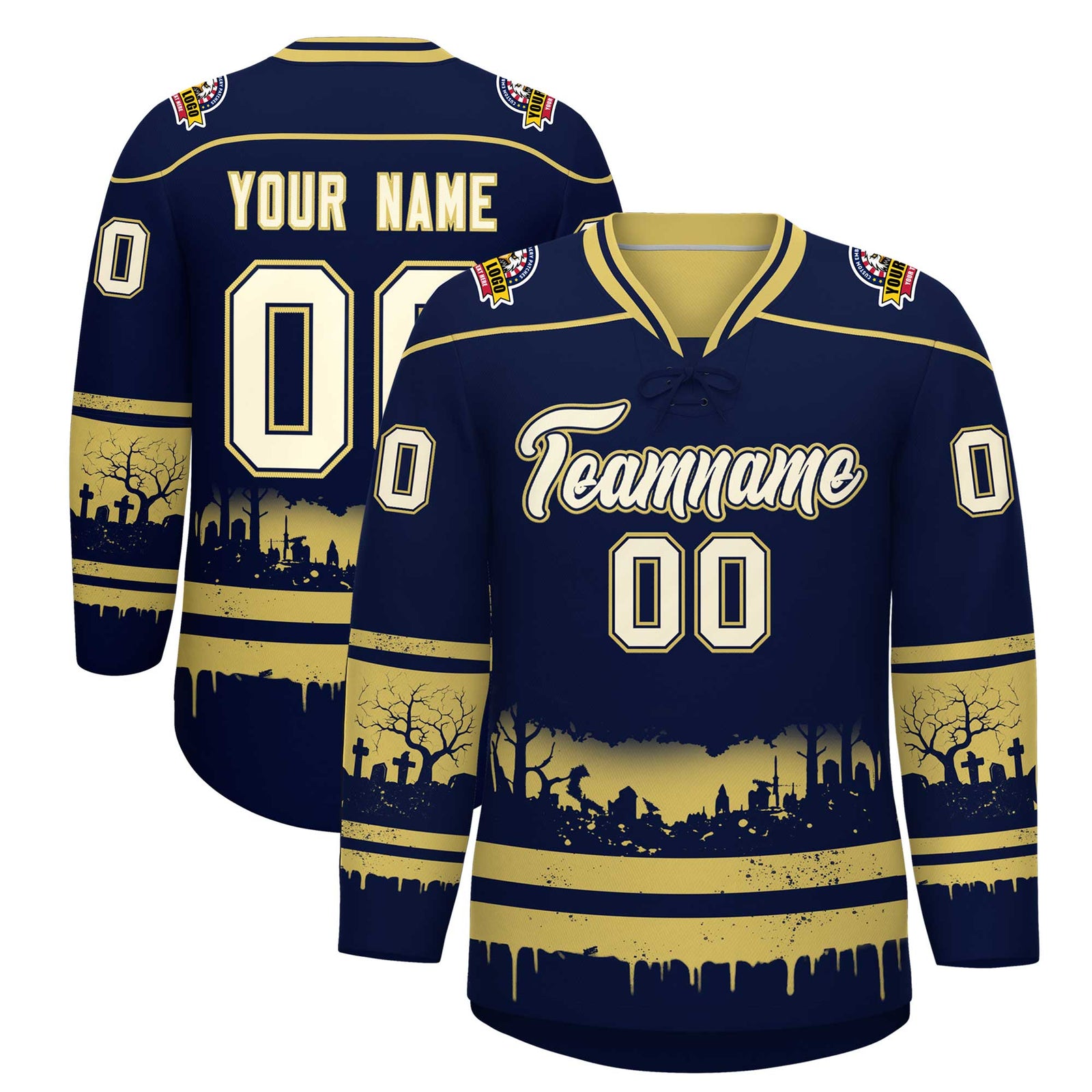 Custom Navy Old Gold Cream Gradient Fashion Halloween Stretch Fabric Hockey Jersey| KXKSHOP